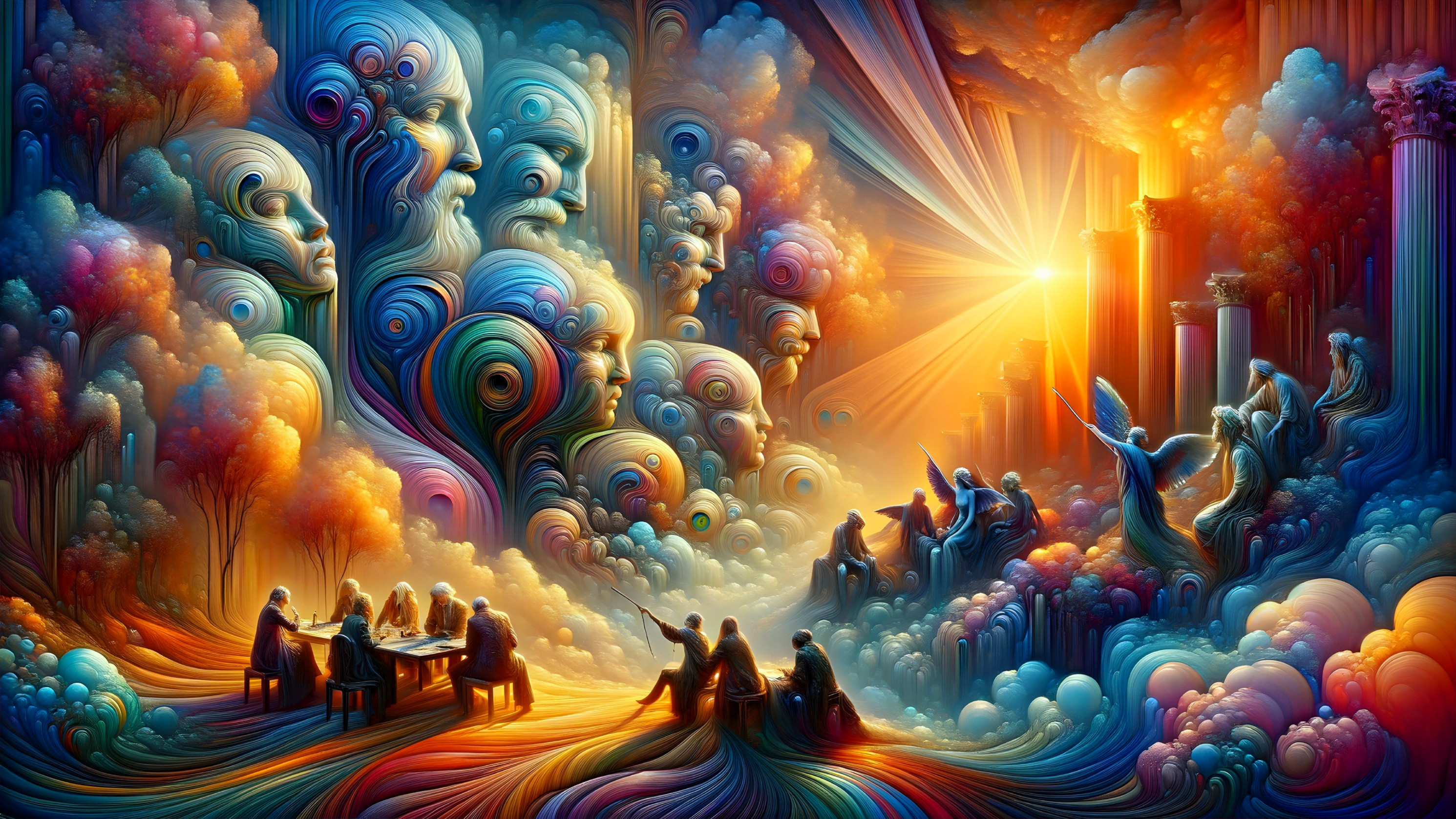 Surreal Gathering of Figures in a Colorful Landscape