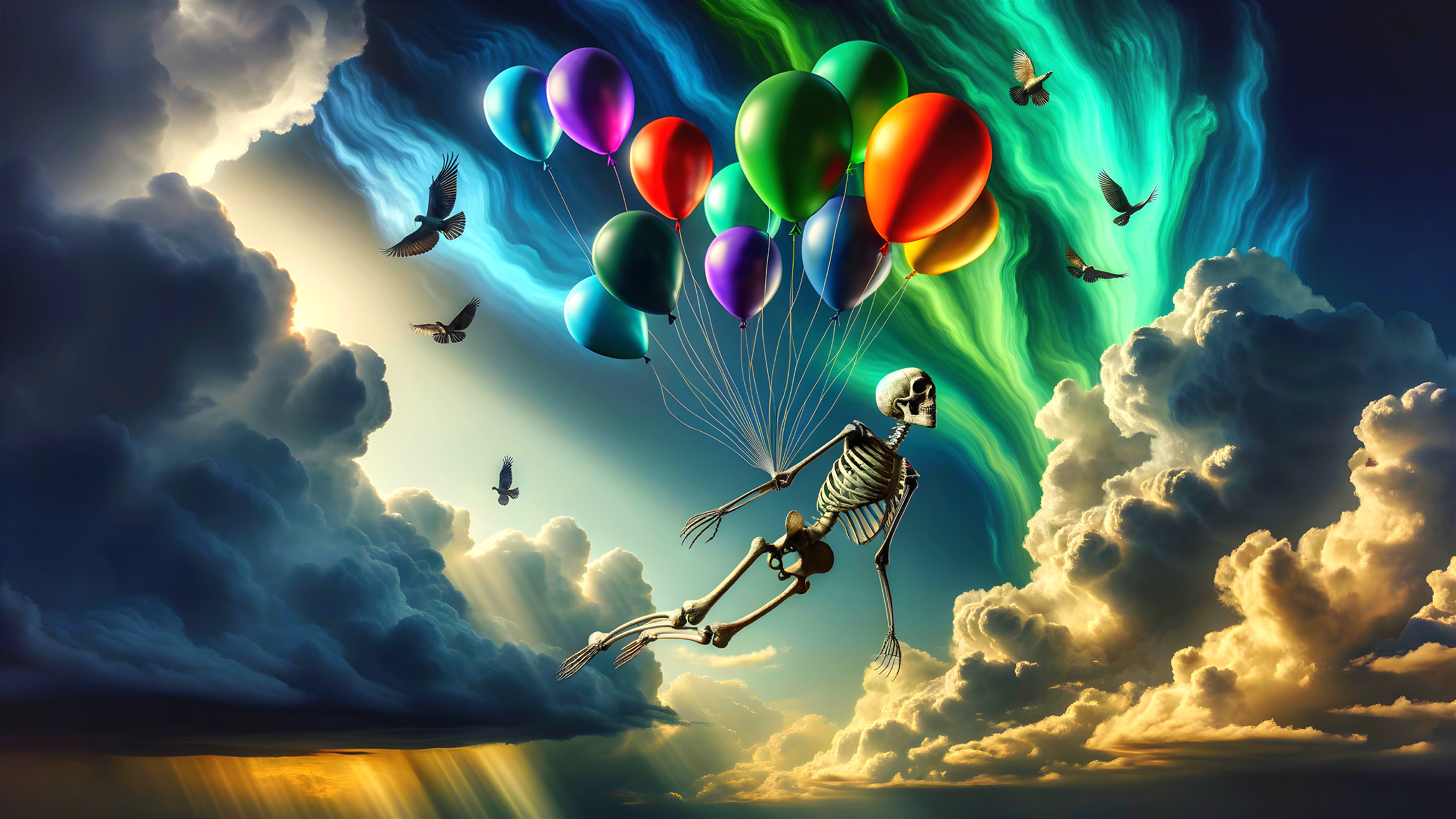 Skeleton in the Sky with Colorful Balloons and Clouds
