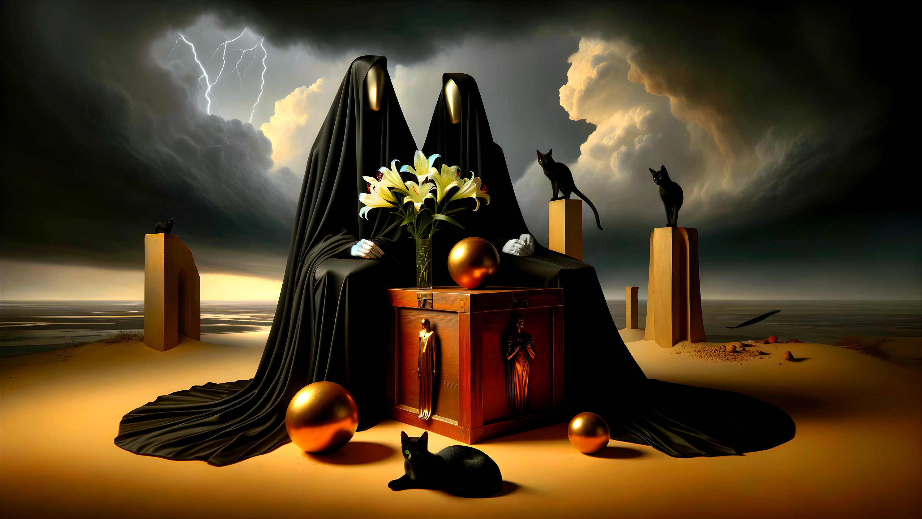Surreal Landscape with Cloaked Figures and Ornate Chest