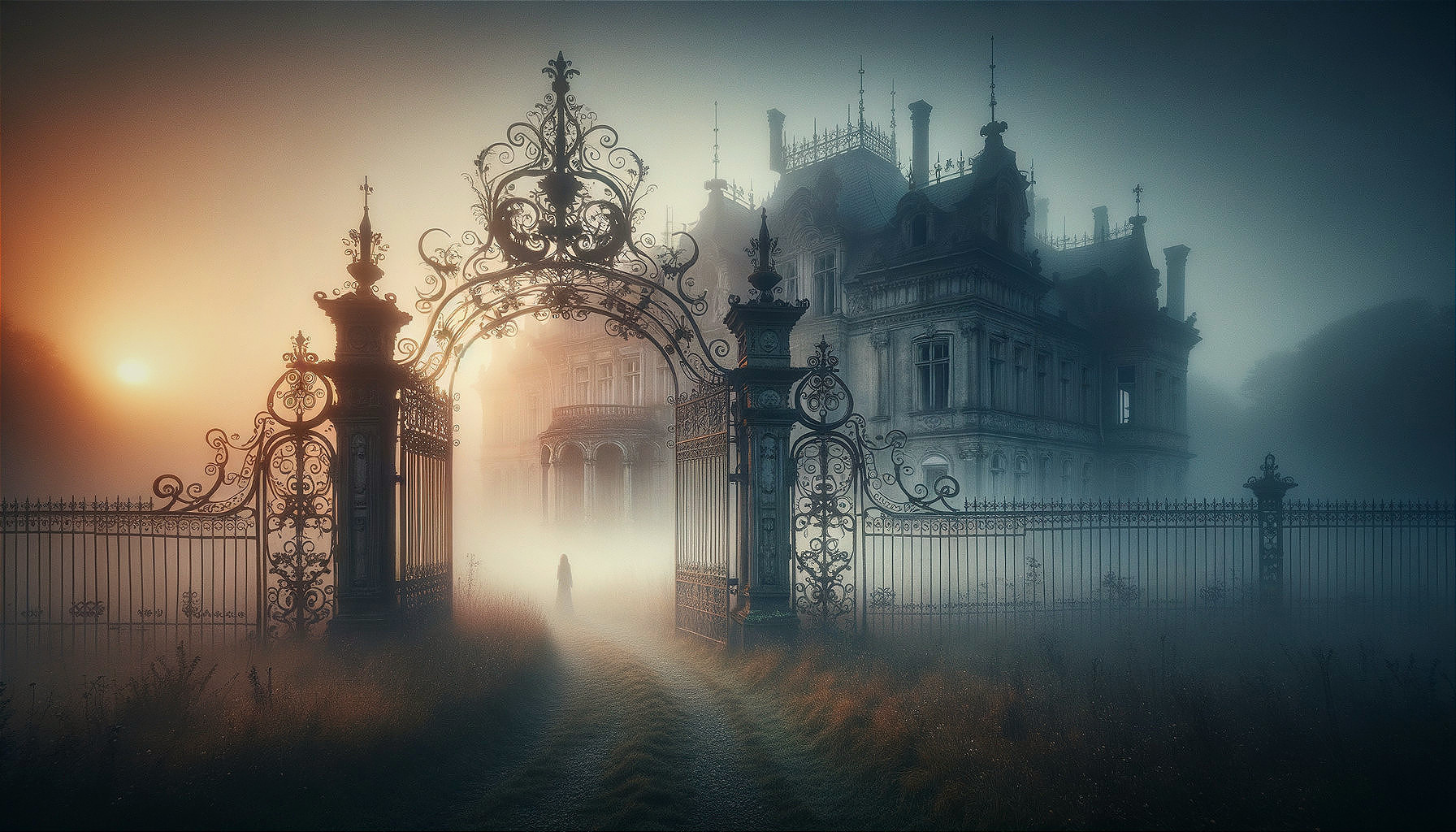 Misty Landscape with Ornate Gate and Grand Mansion