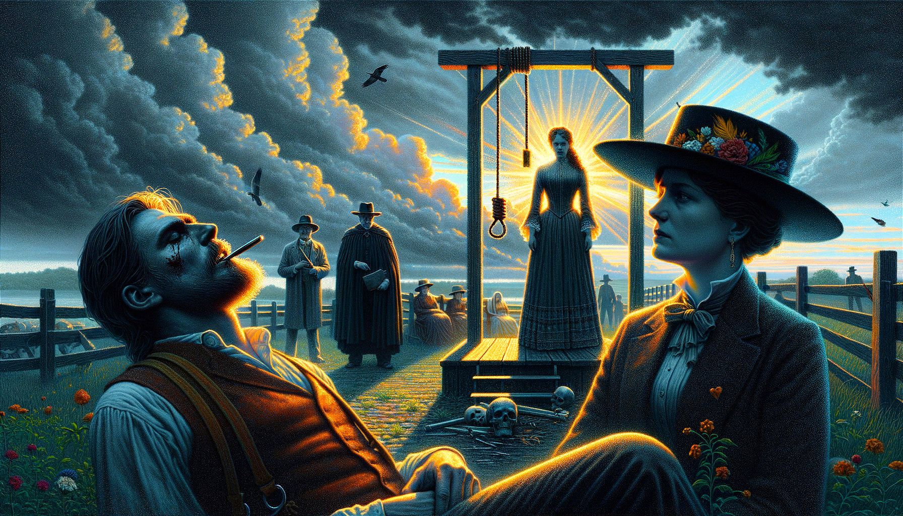 Dramatic vintage scene with smoking man, swing woman, and hanging noose