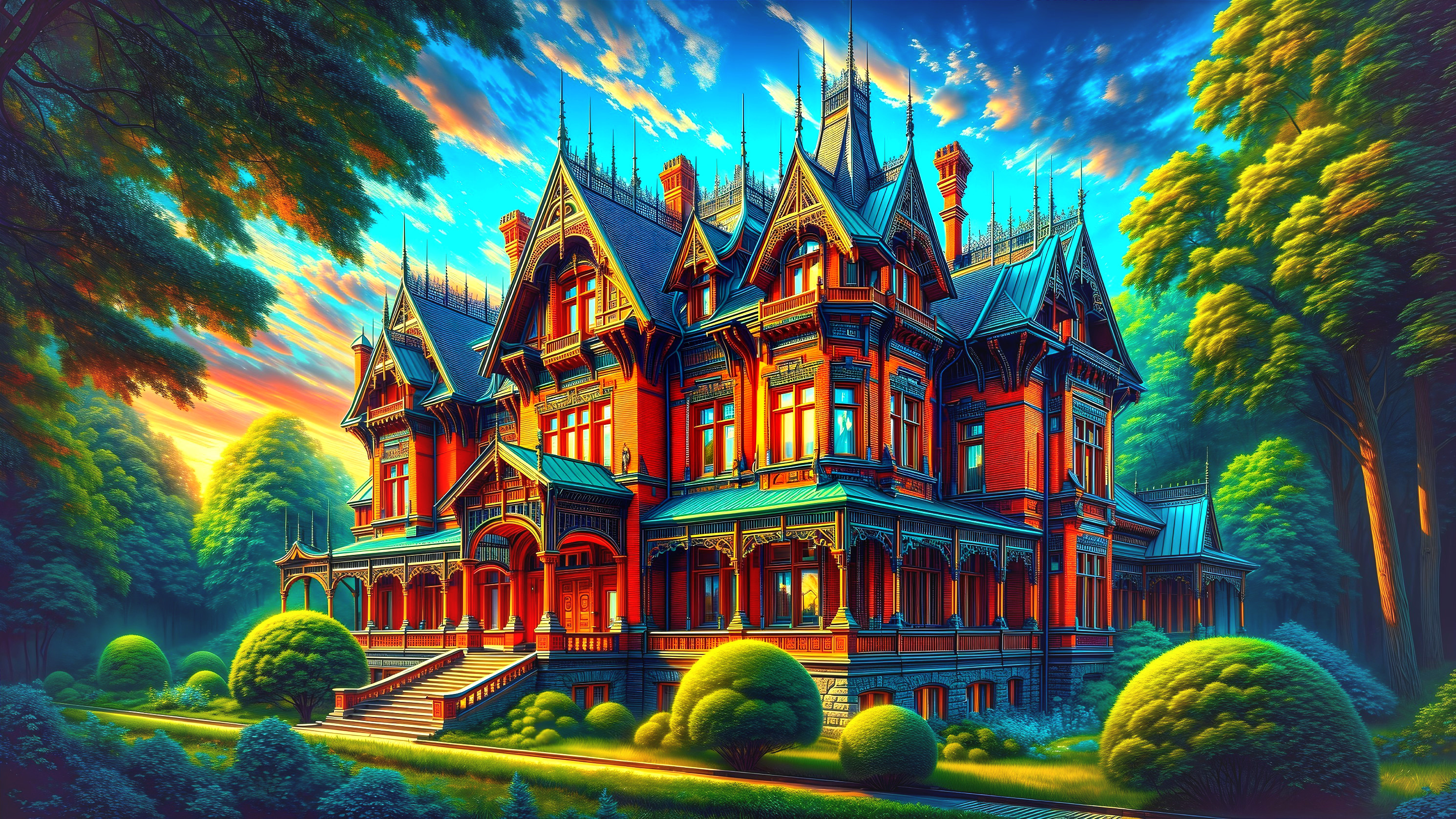 Victorian mansion with intricate architecture and sunset glow