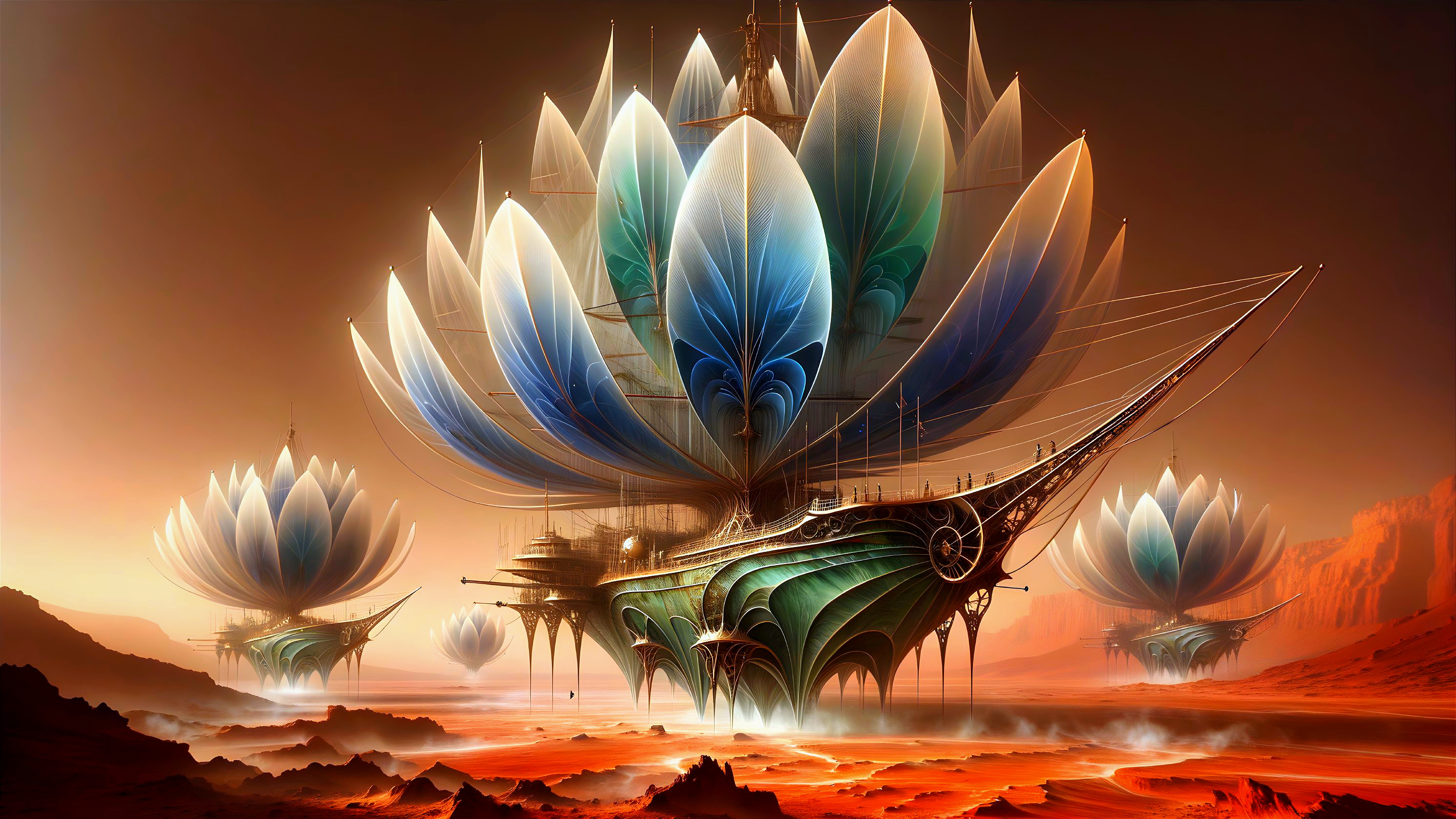 Surreal Landscape with Flower-Shaped Ships in Desert
