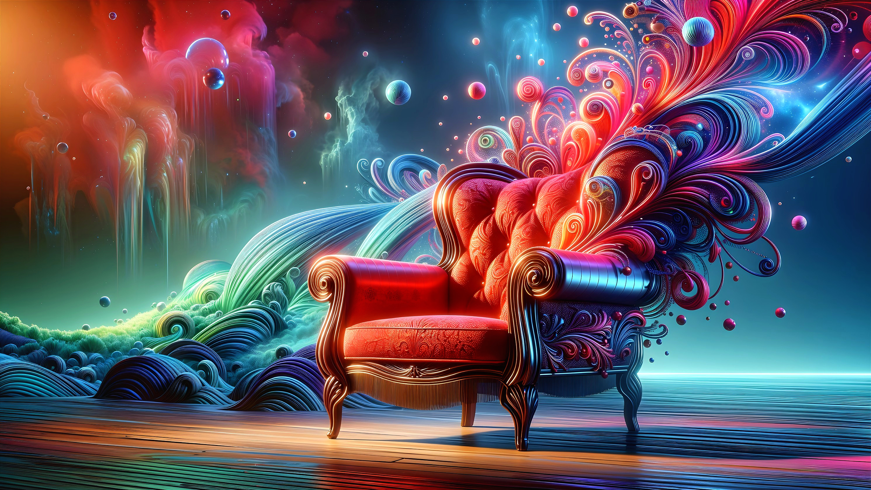 Red Tufted Armchair with Colorful Cosmic Background