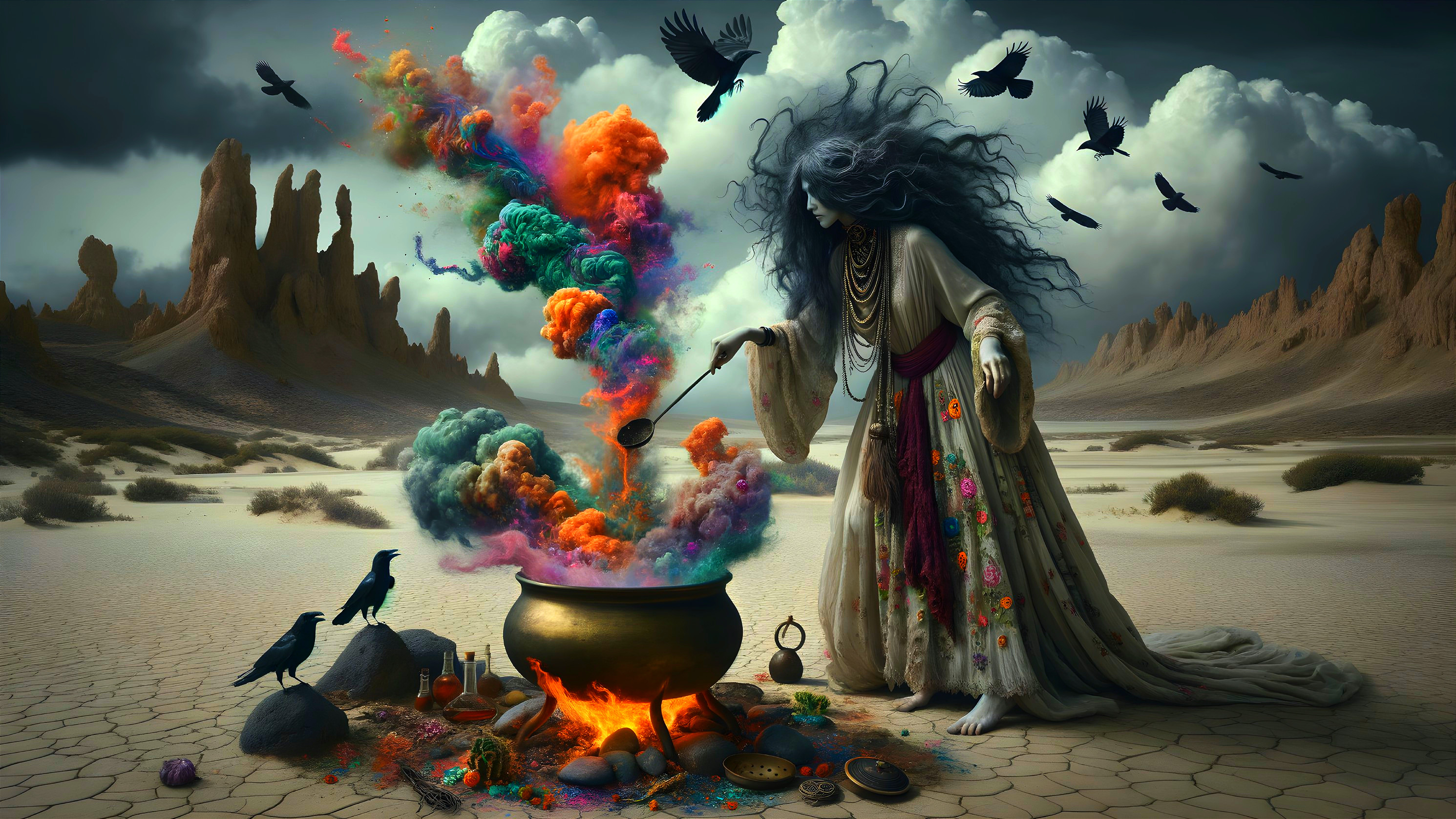 Mystical Figure with Cauldron and Colorful Smoke