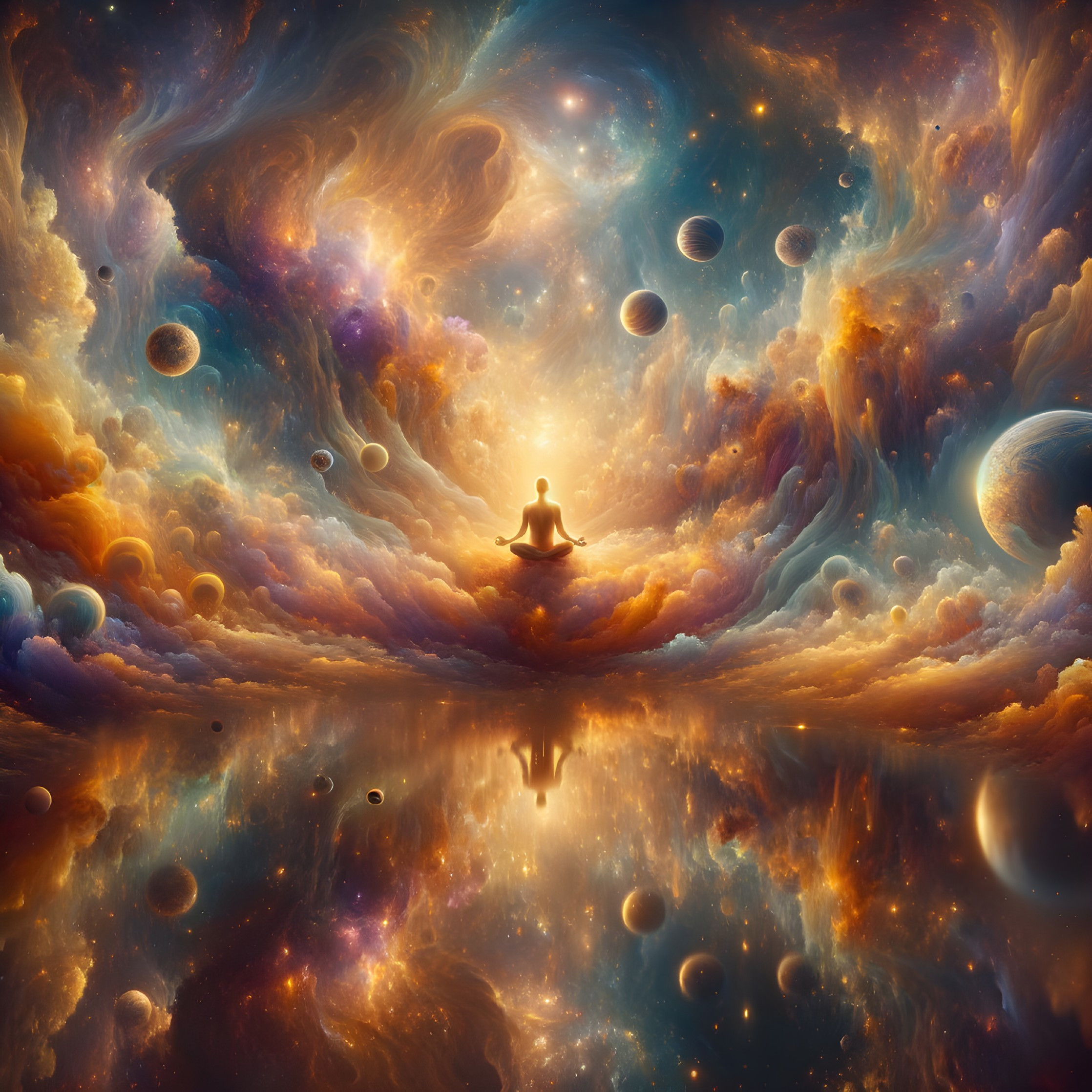 Surreal meditation scene with cosmic backdrop and serene water surface