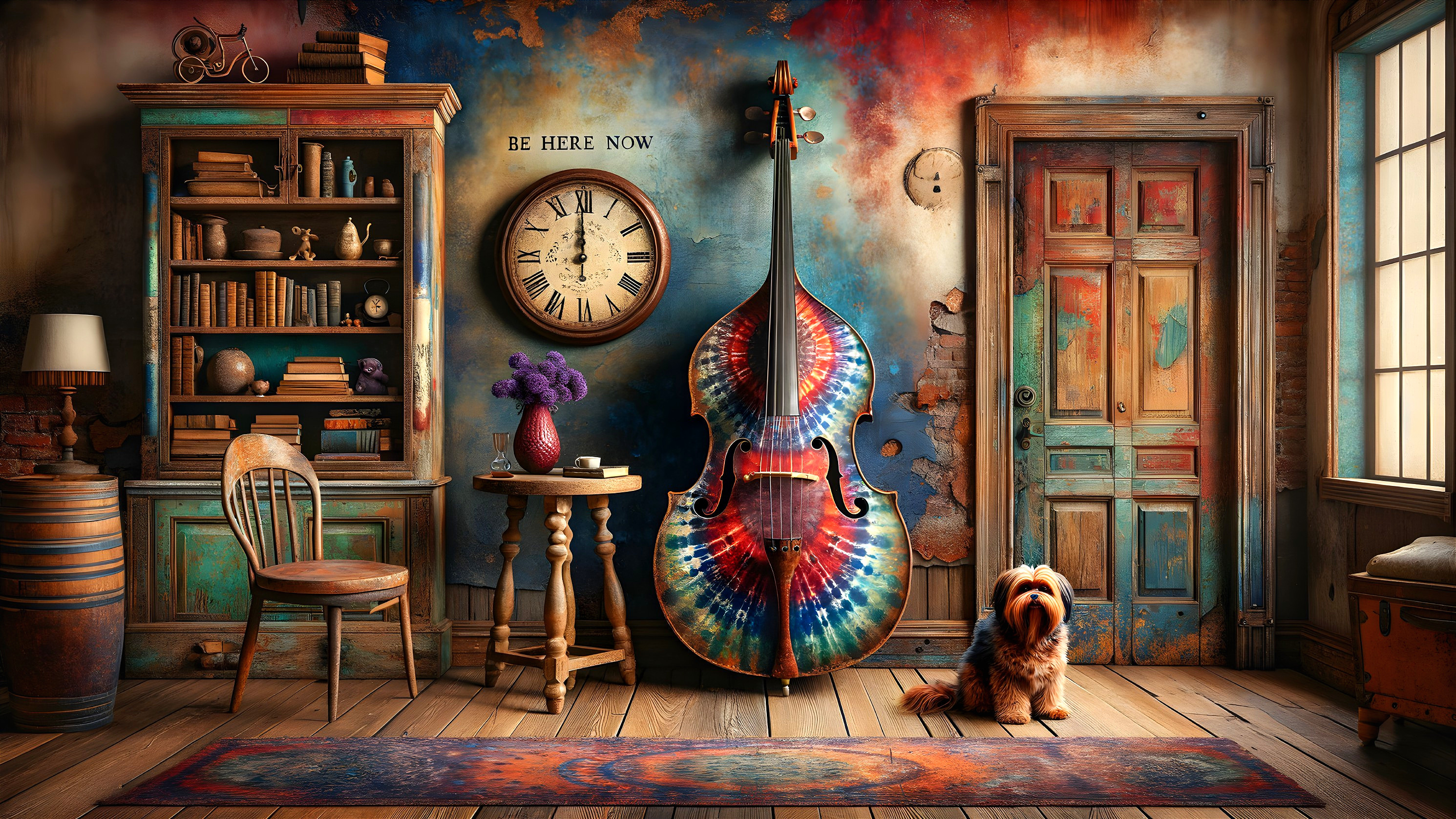 Vibrant Interior with Colorful Double Bass and Decor