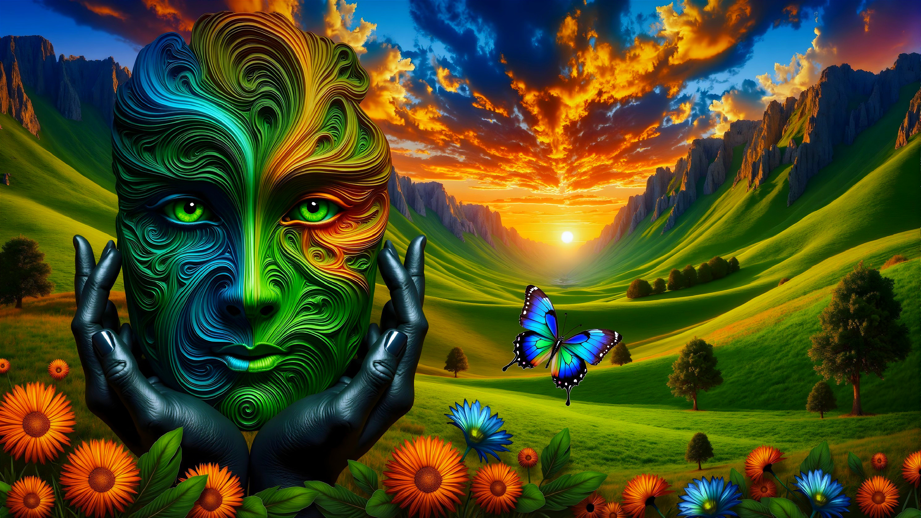 Surreal Landscape with Colorful Face and Nature Elements