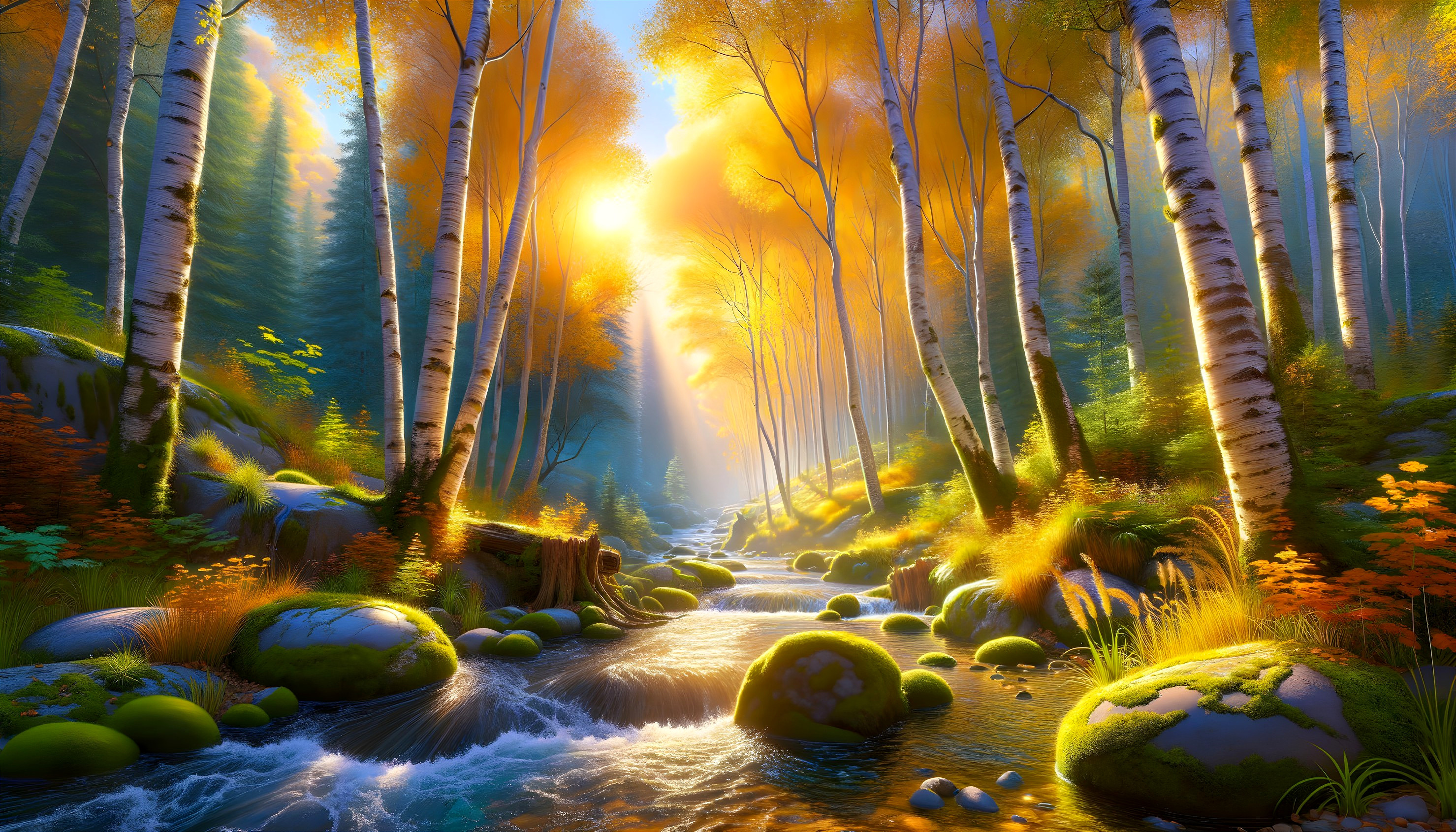 Serene Autumn Forest with Birch Trees and Stream