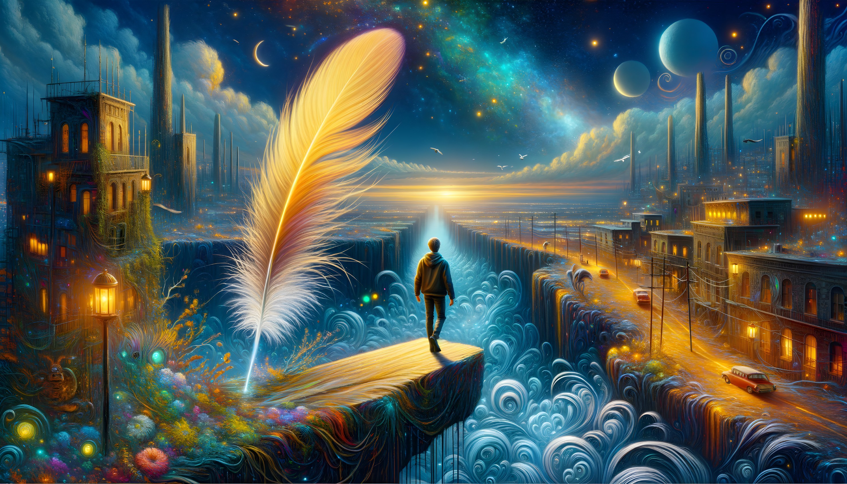 Person on fantastical bridge with giant feather and futuristic cityscape.
