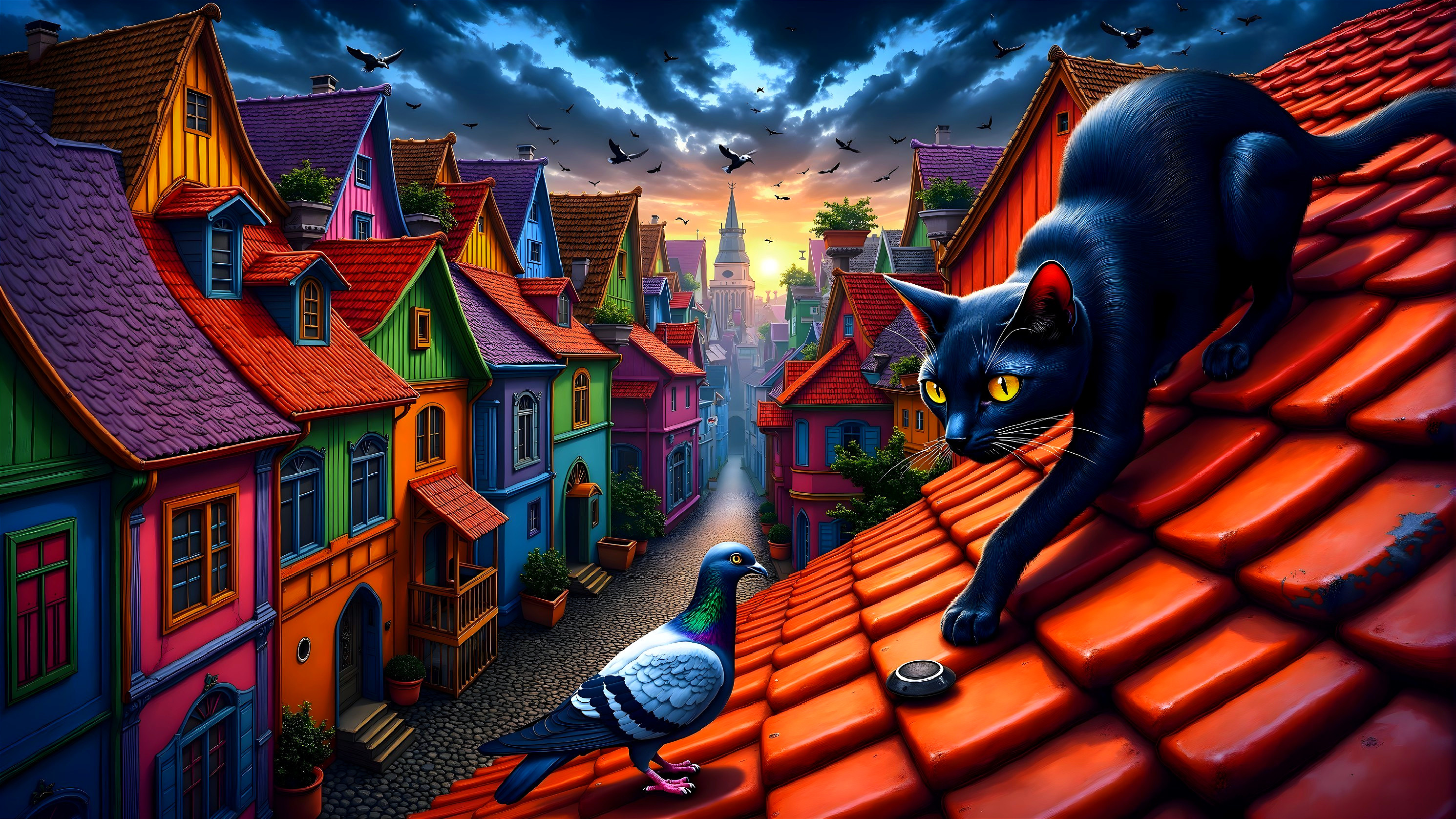 Black Cat on Red Rooftop in Colorful Village Scene