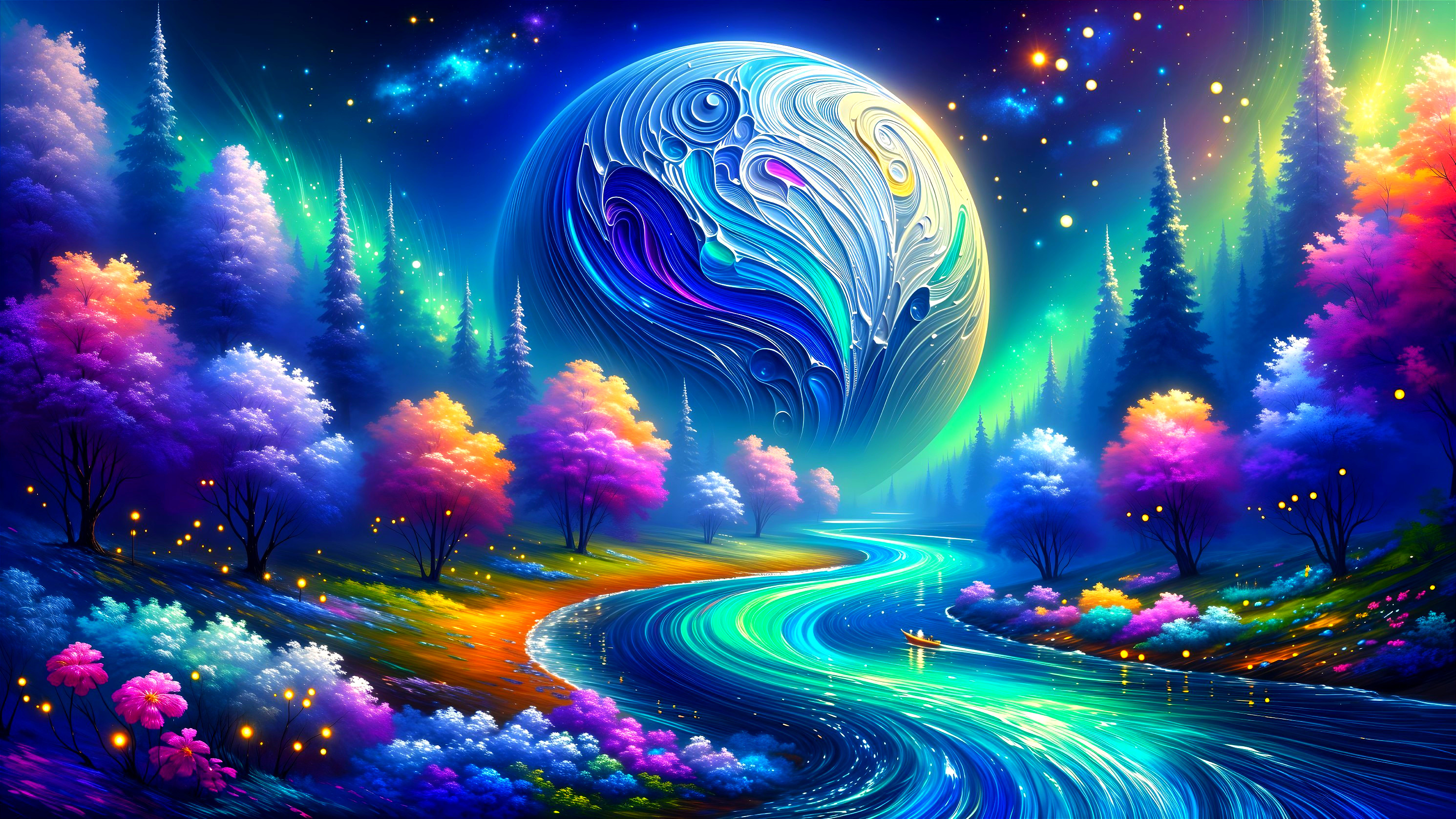 Surreal Landscape with Colorful Trees and Moonlight