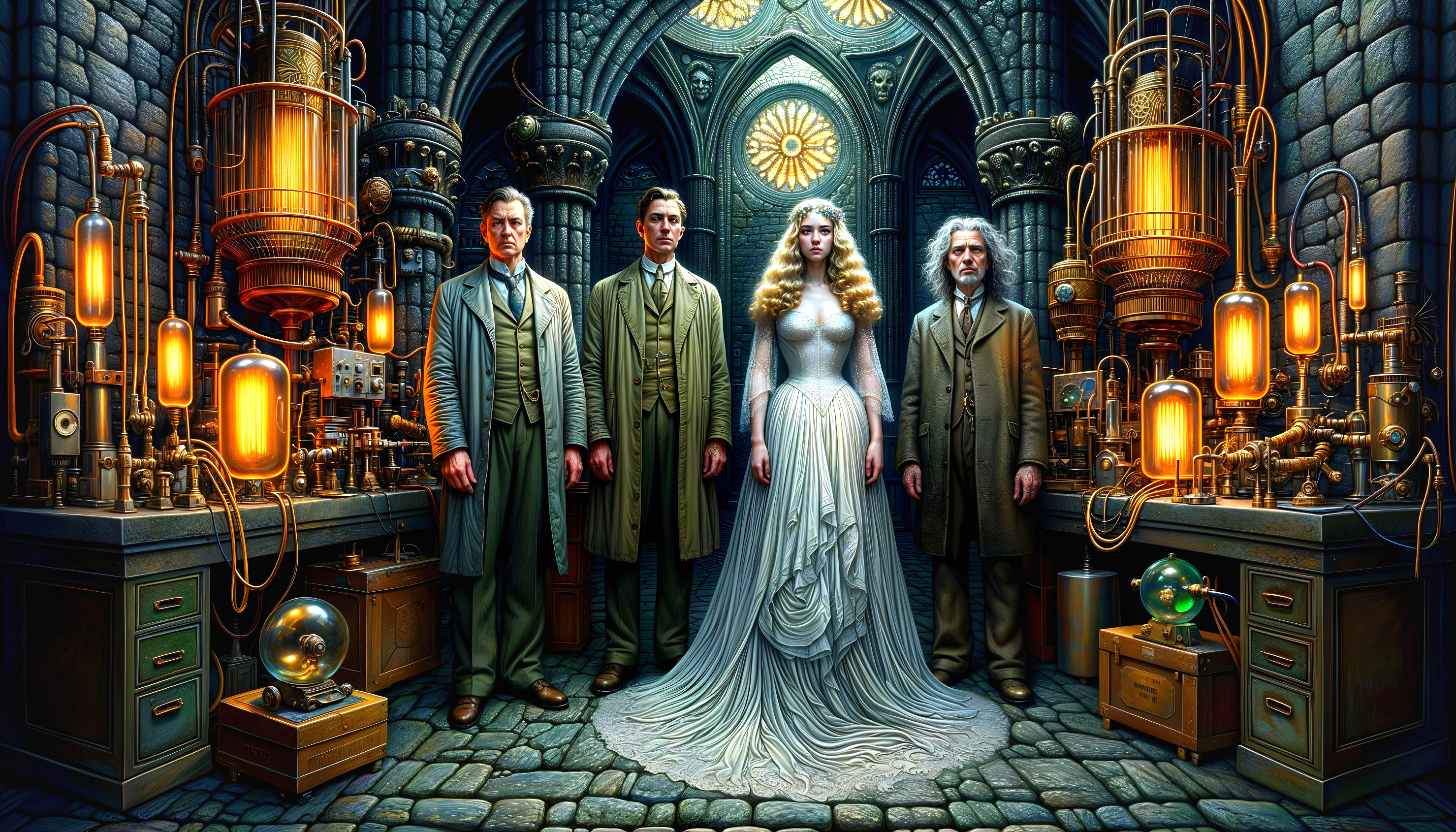 Gothic Laboratory Scene with Victorian Figures and Machinery