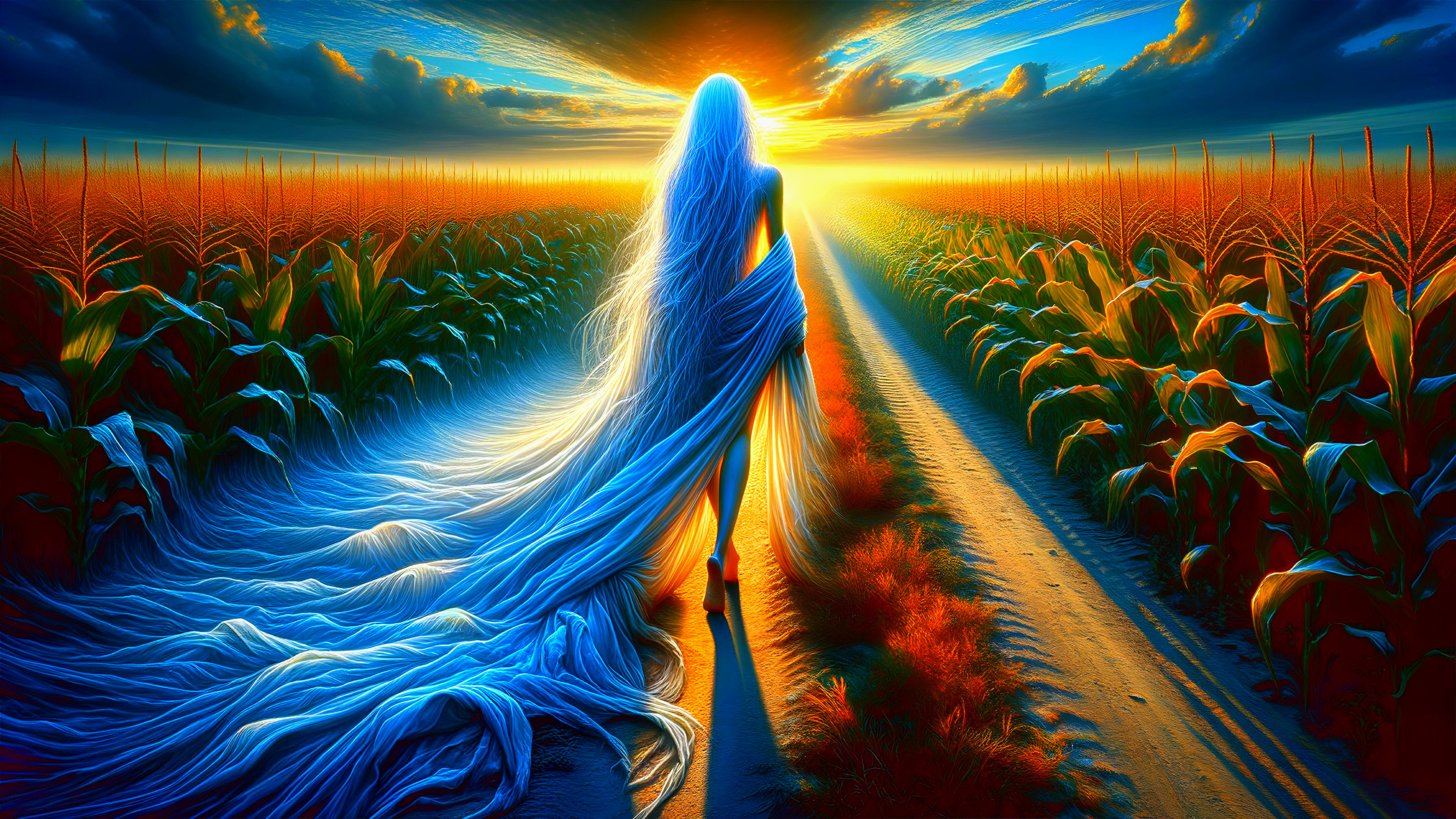 Ethereal Figure with Blue Hair in Cornfield at Sunset