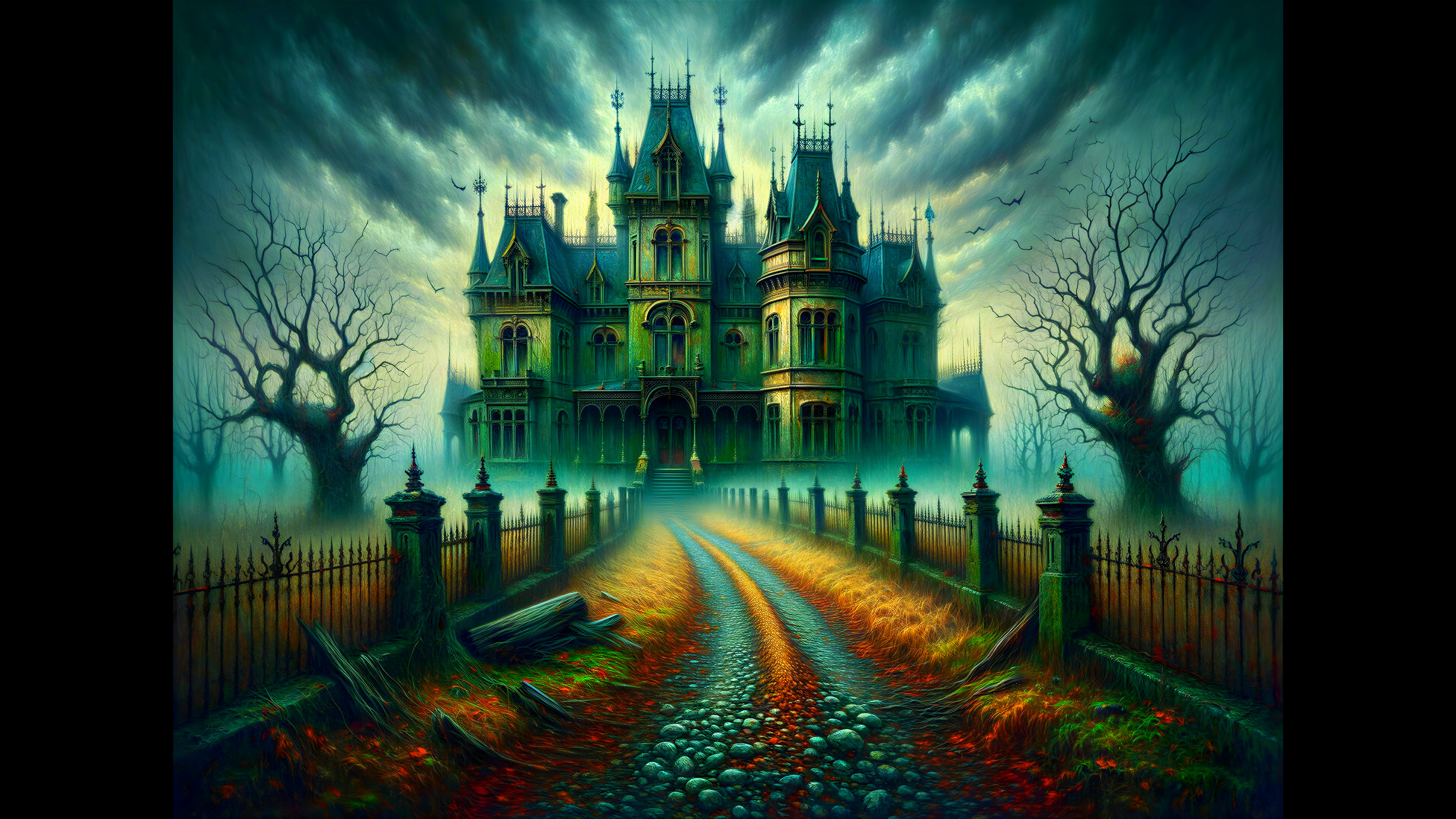 Foreboding Castle Surrounded by Gnarled Trees and Mist