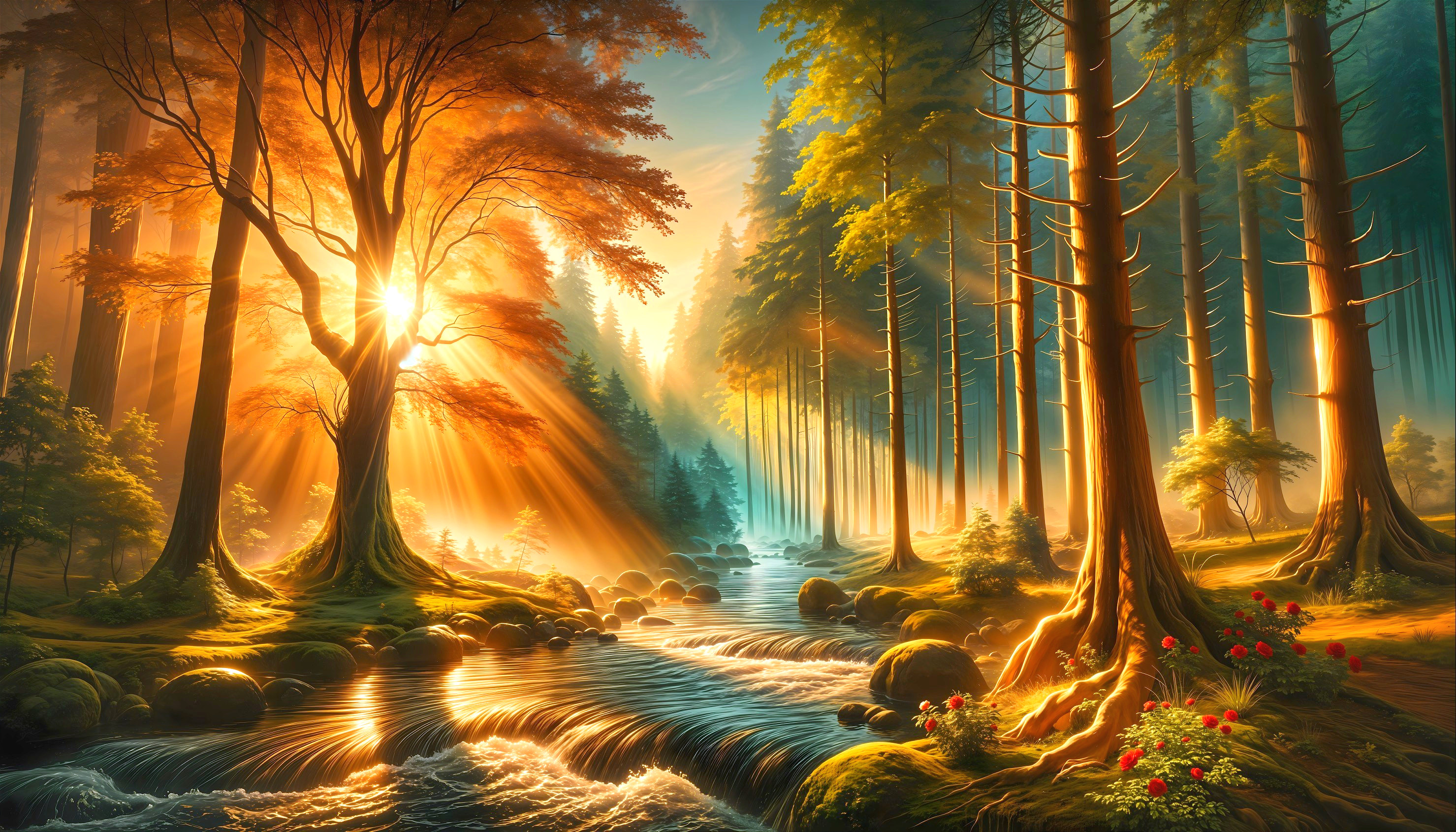 Serene Autumn Forest with Sunlit Stream and Trees