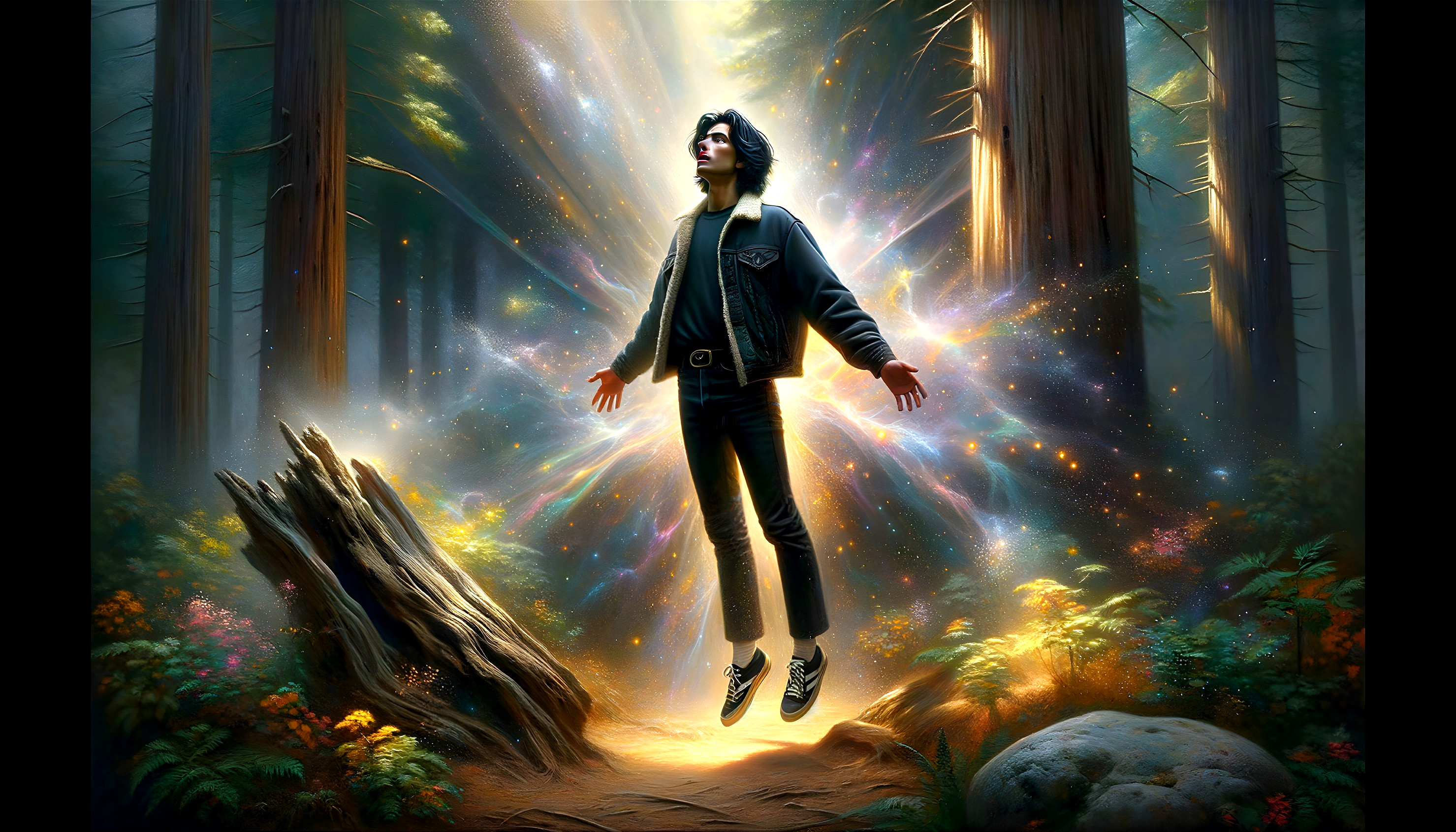 Young person in a mystical forest with colorful light