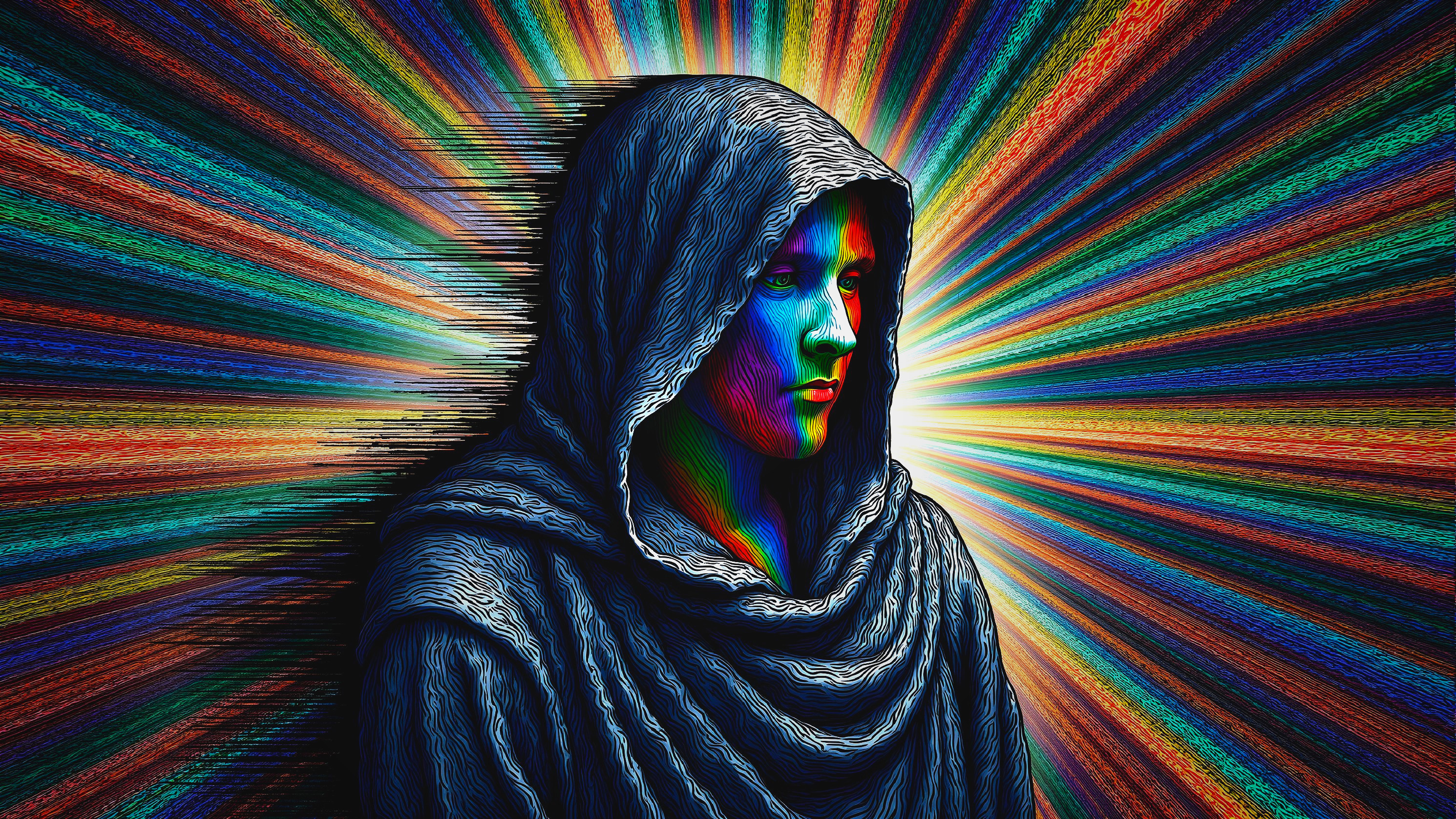 Stylized Figure in Cloak with Colorful Background