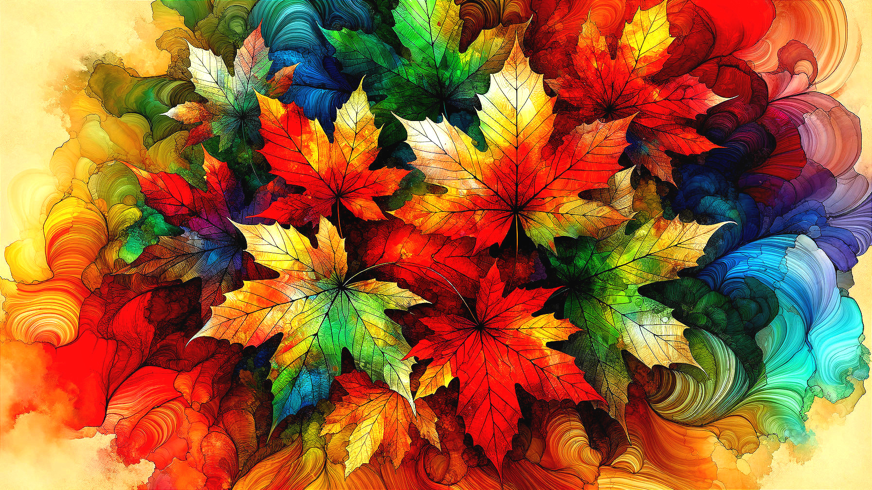 Colorful Abstract Artwork of Maple Leaves in Autumn