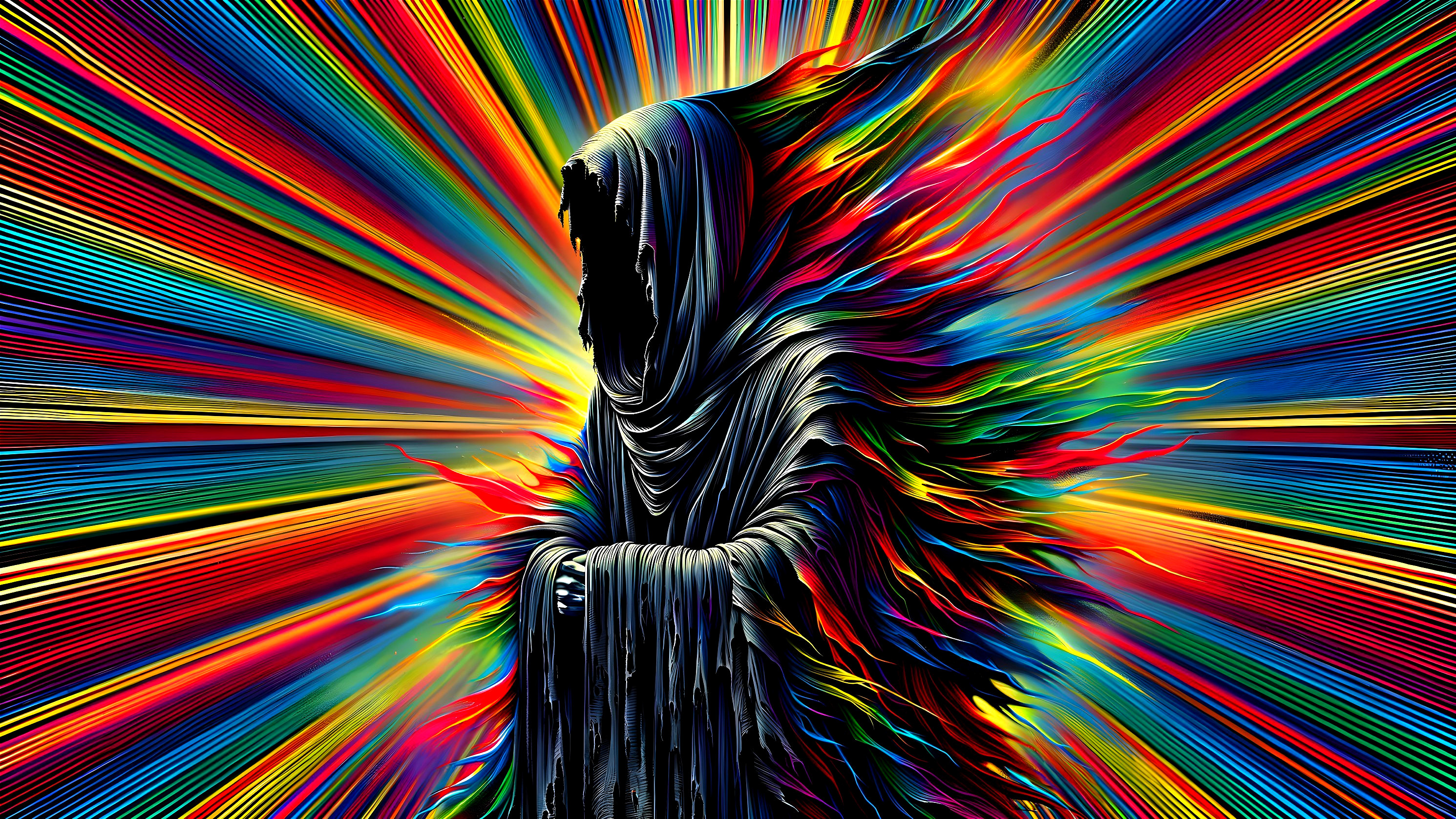 Cloaked Figure Surrounded by Vibrant Multicolored Flames