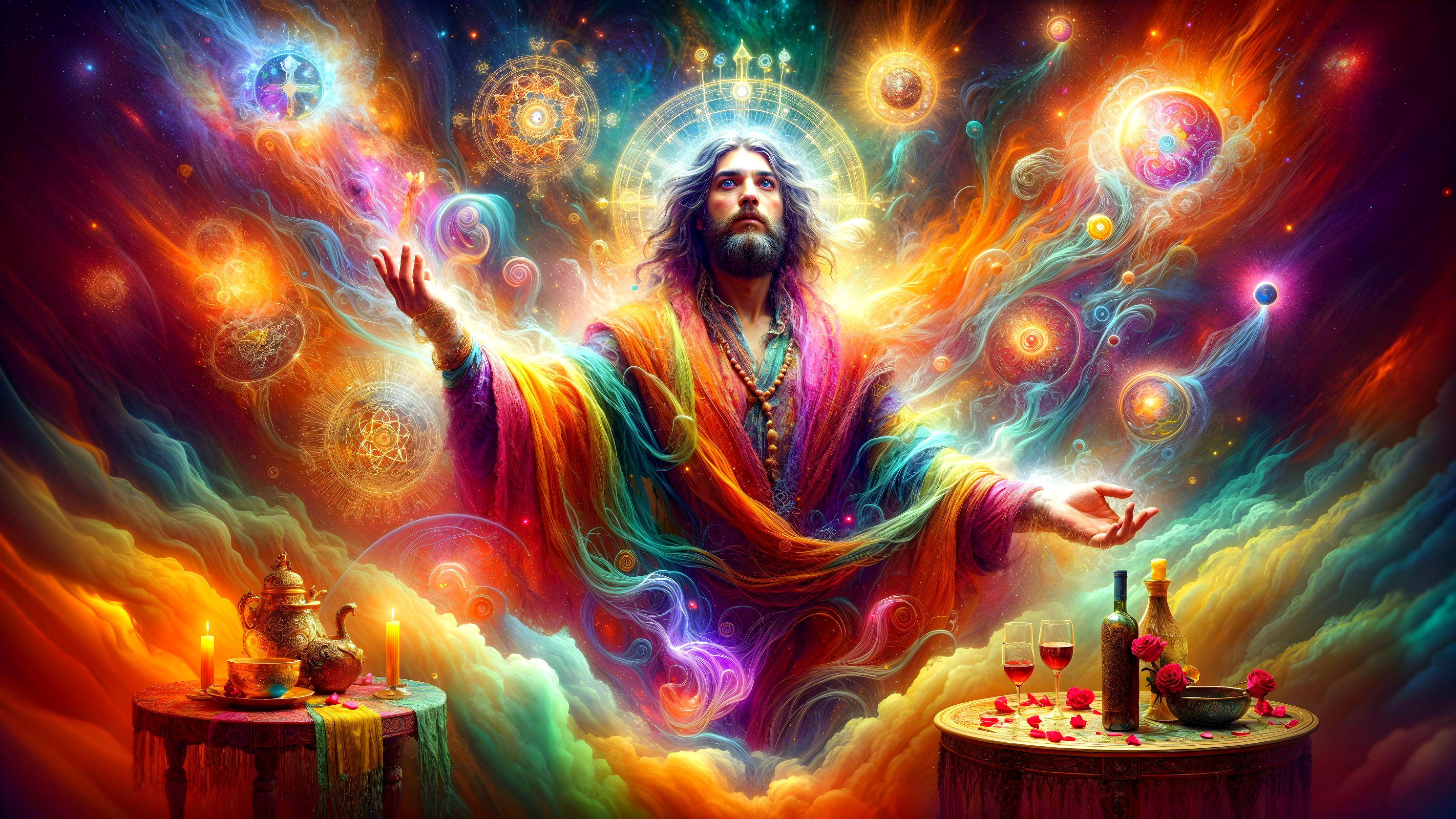 Mystical Figure in Vibrant Colors and Celestial Symbols