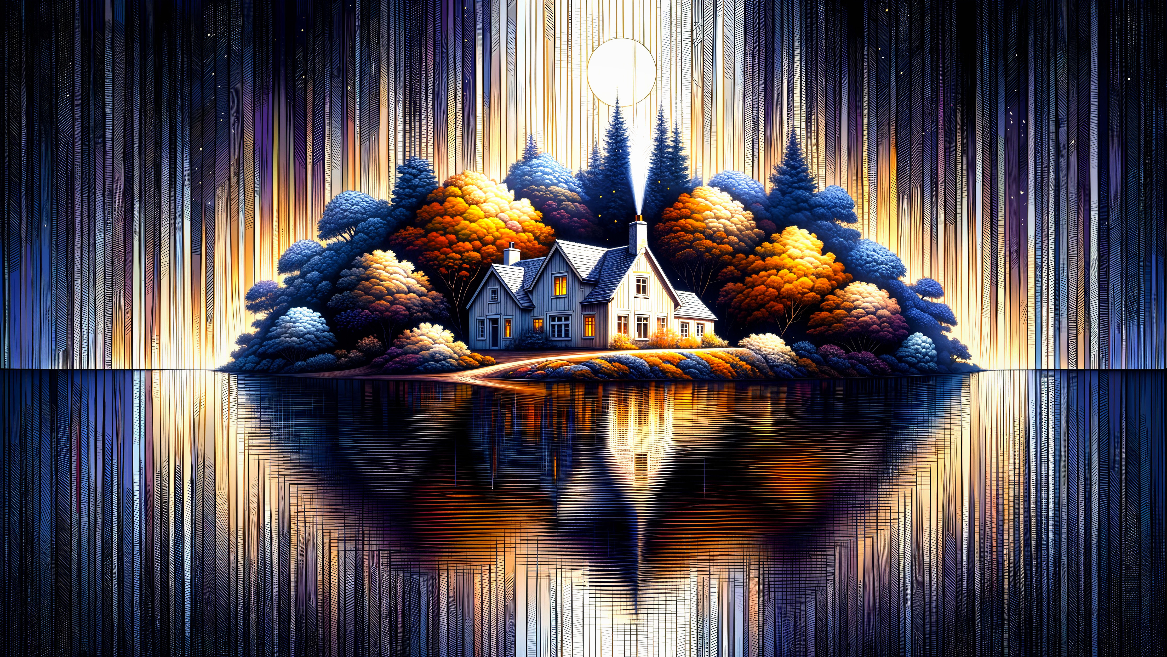 Serene Island Scene with Cozy House and Vibrant Trees