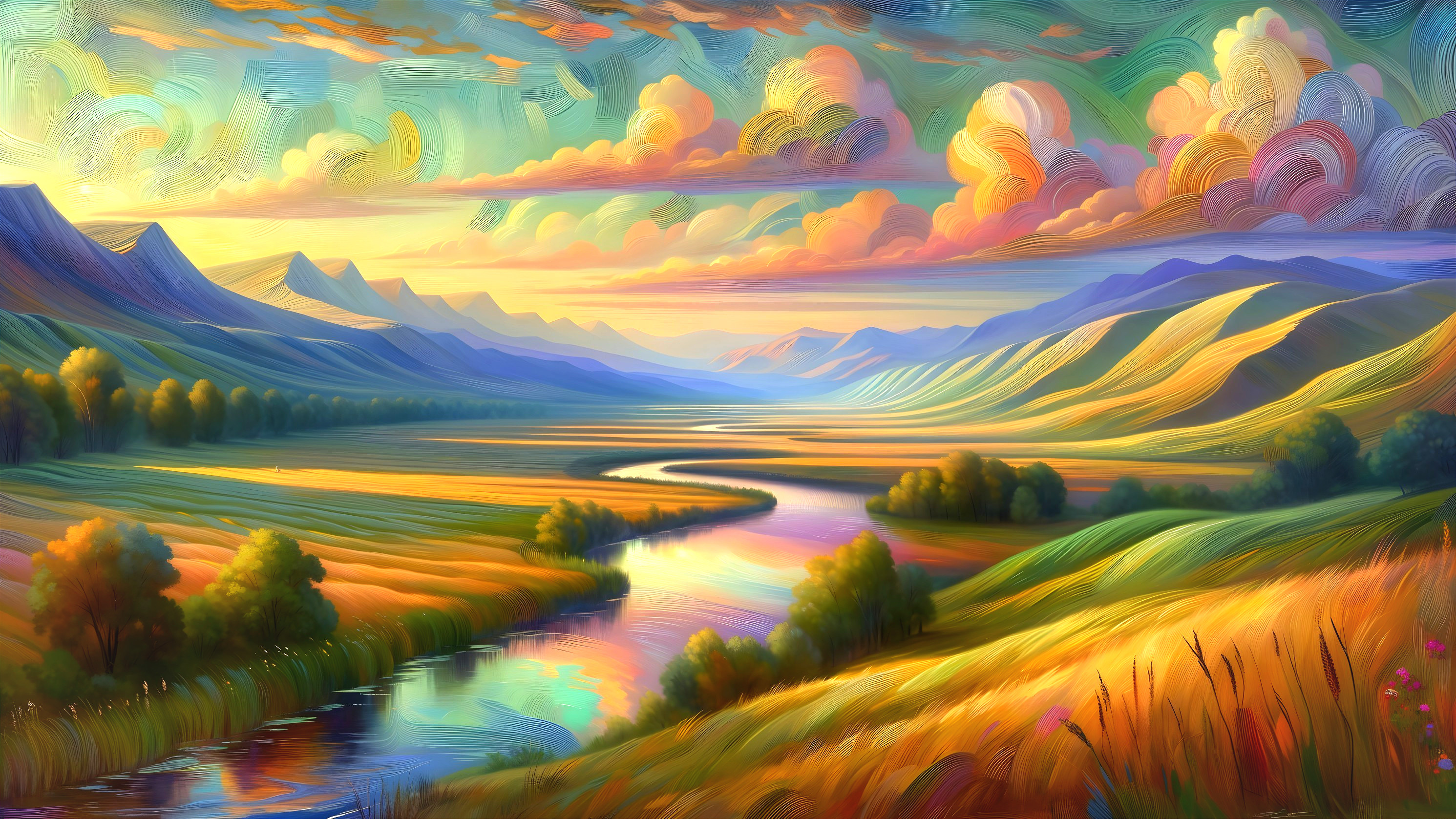 Vibrant Landscape with Rolling Hills and Winding River