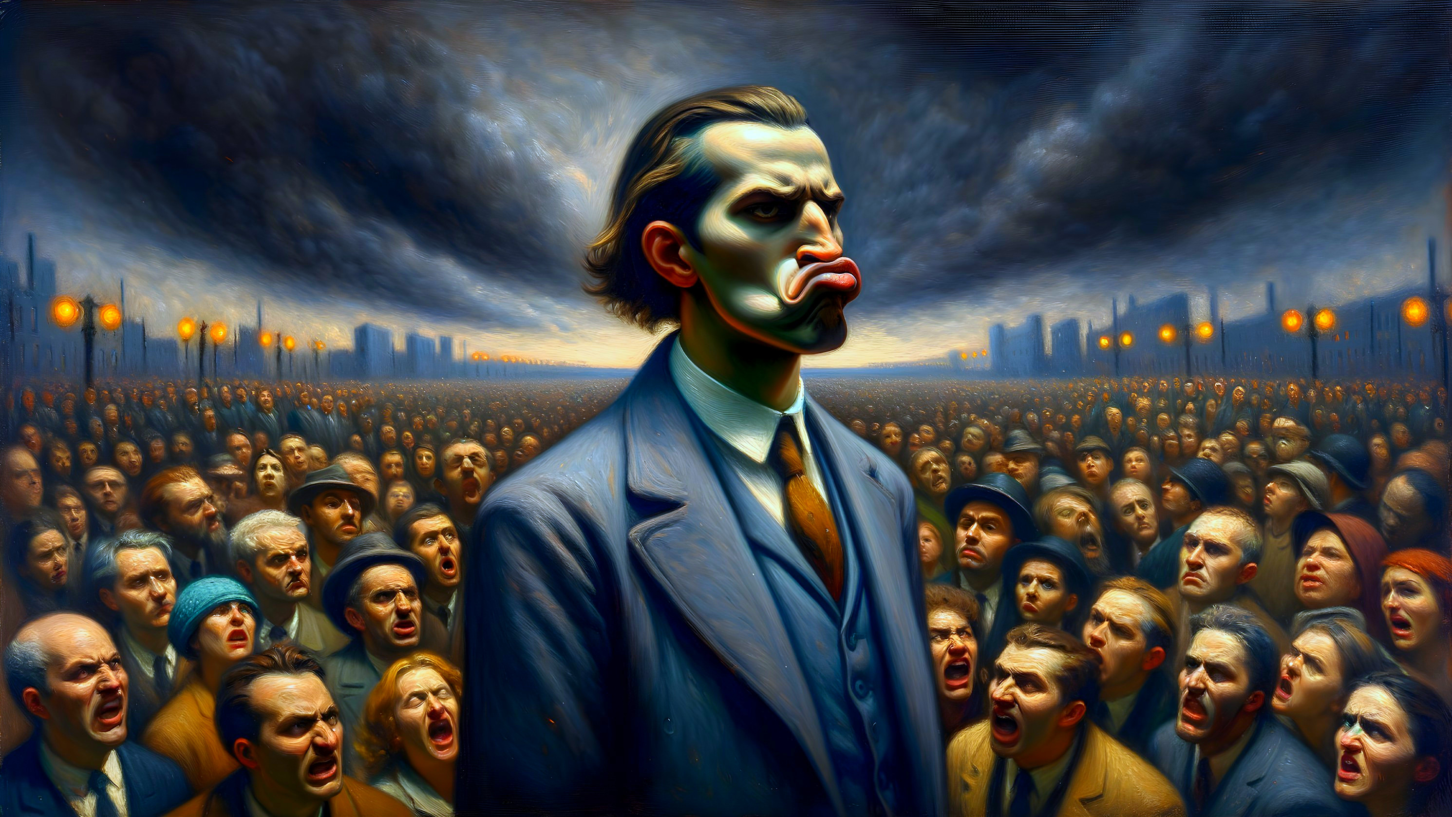 Crowd in Turmoil with Defiant Central Figure and Ominous Sky