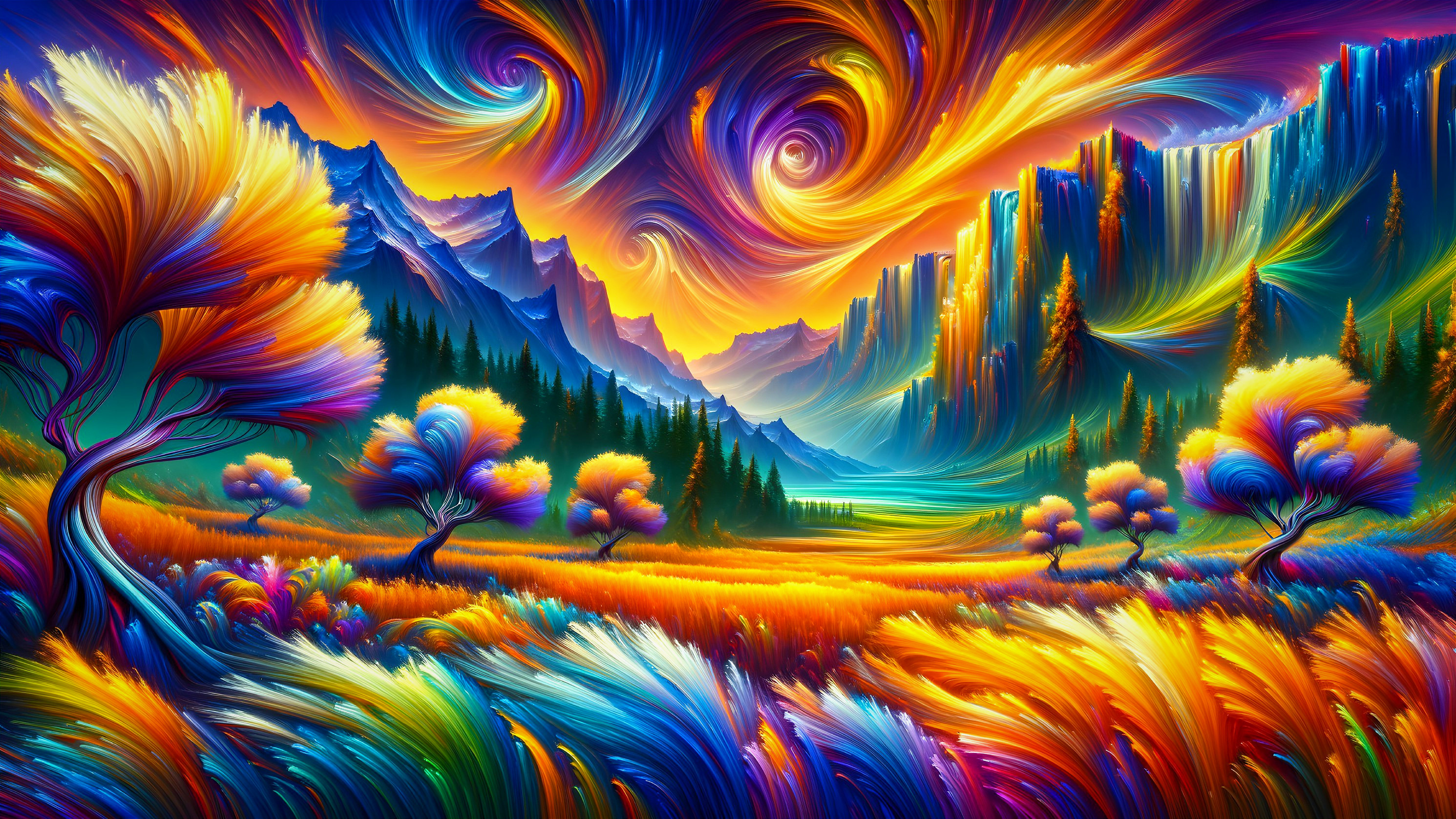 Vibrant Colorful Landscape with Mountains and Waterfalls
