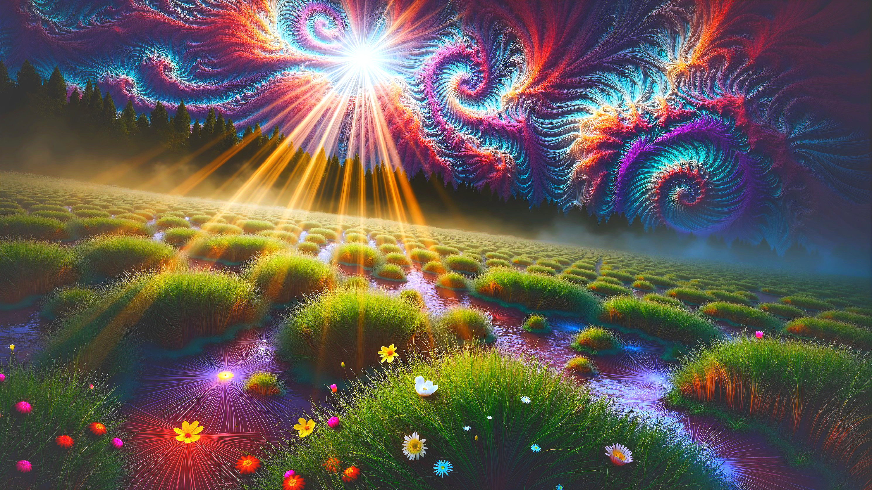 Surreal Landscape with Colorful Flowers and Sky