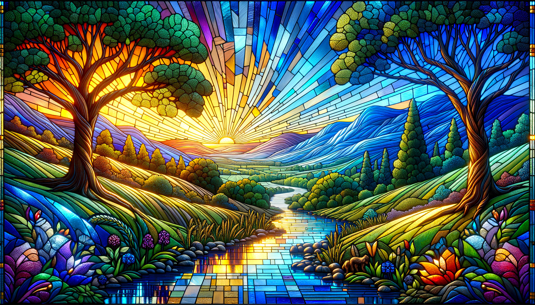 Vibrant Stained Glass Landscape of Sunset Over Hills