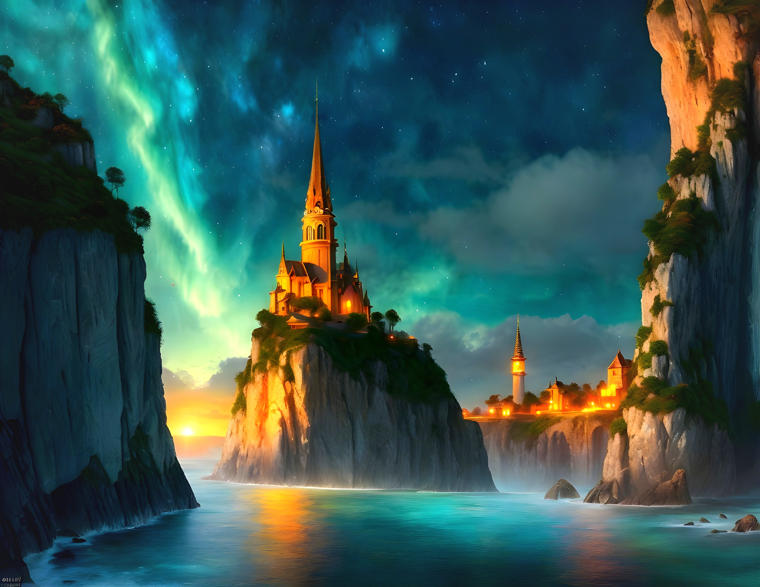 Fantasy castle on cliff with waterfall & glowing lake under aurora-filled night sky