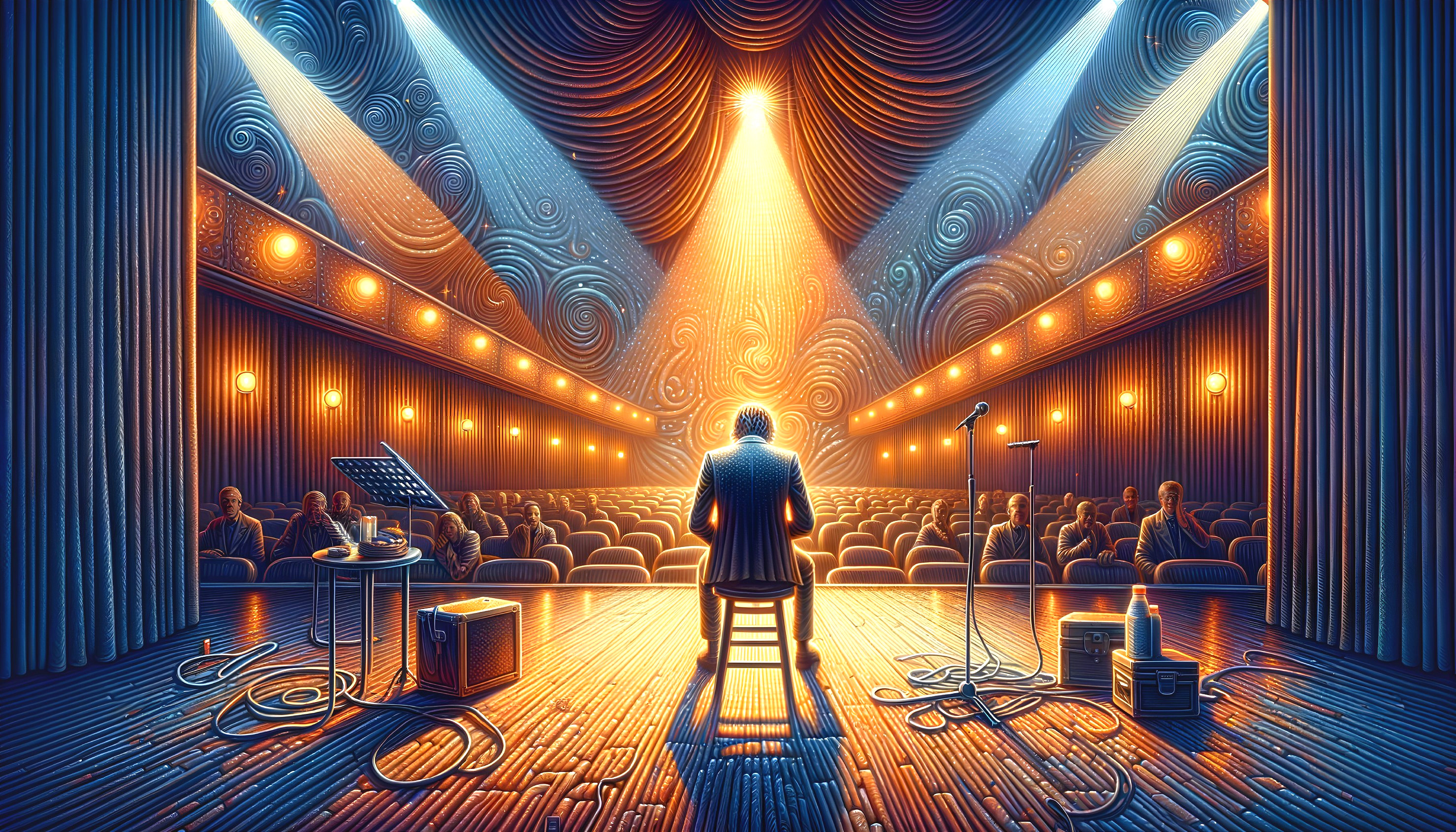 Performer on Stage in Vibrant Blue-Toned Theater