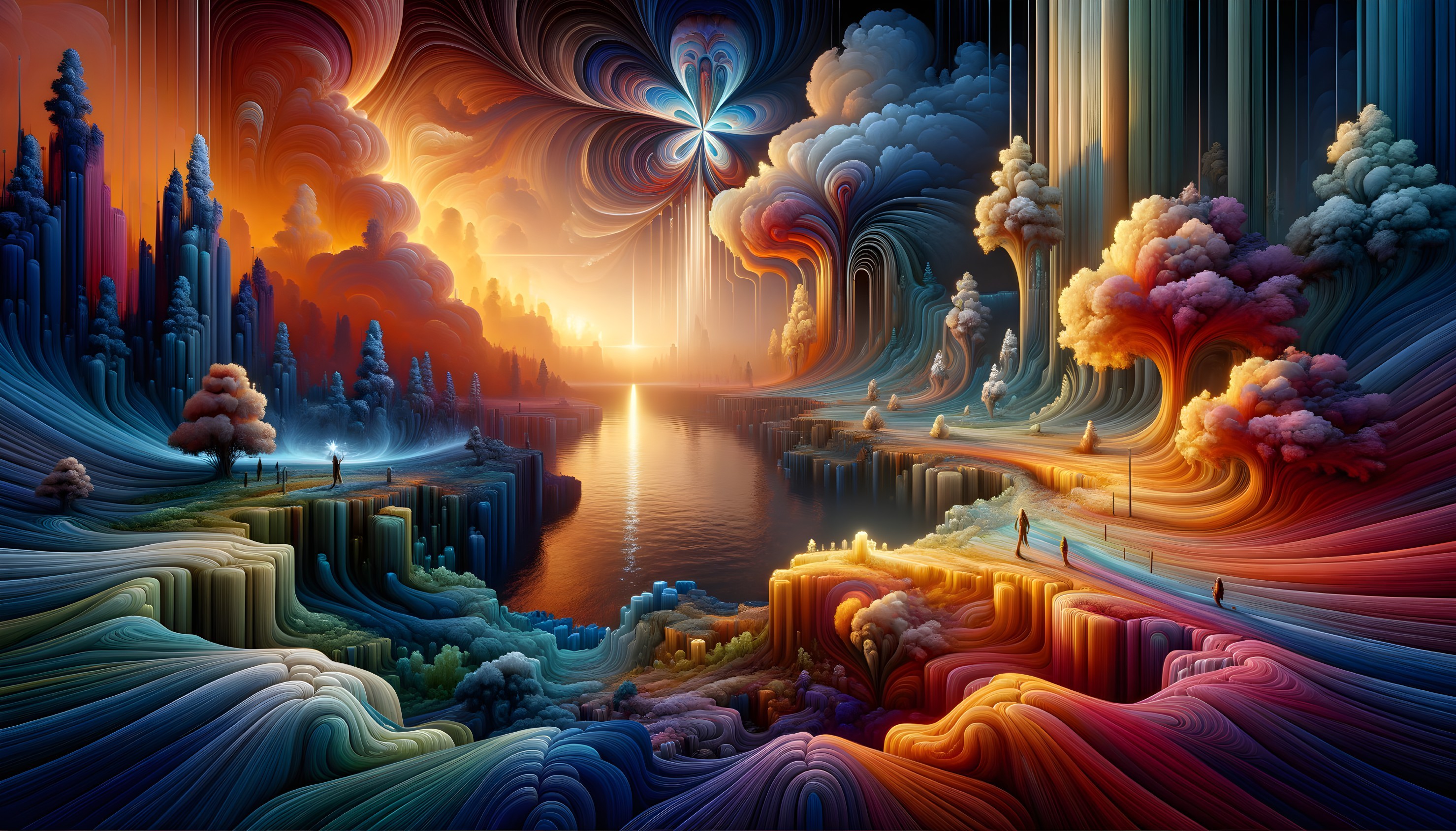 Colorful surreal landscape with swirling clouds and radiant light source.