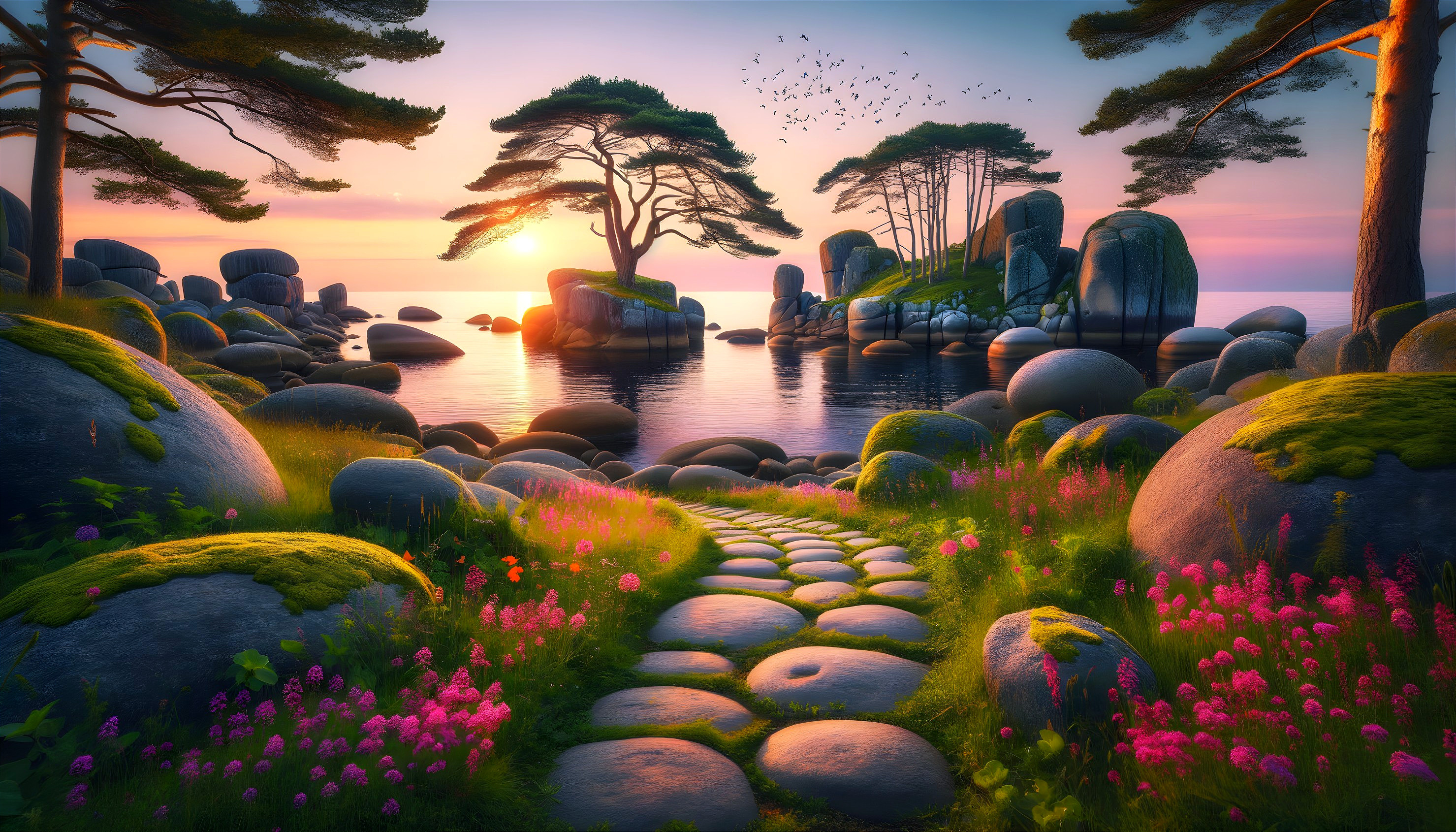 Tranquil Lake Landscape with Wildflowers and Sunset