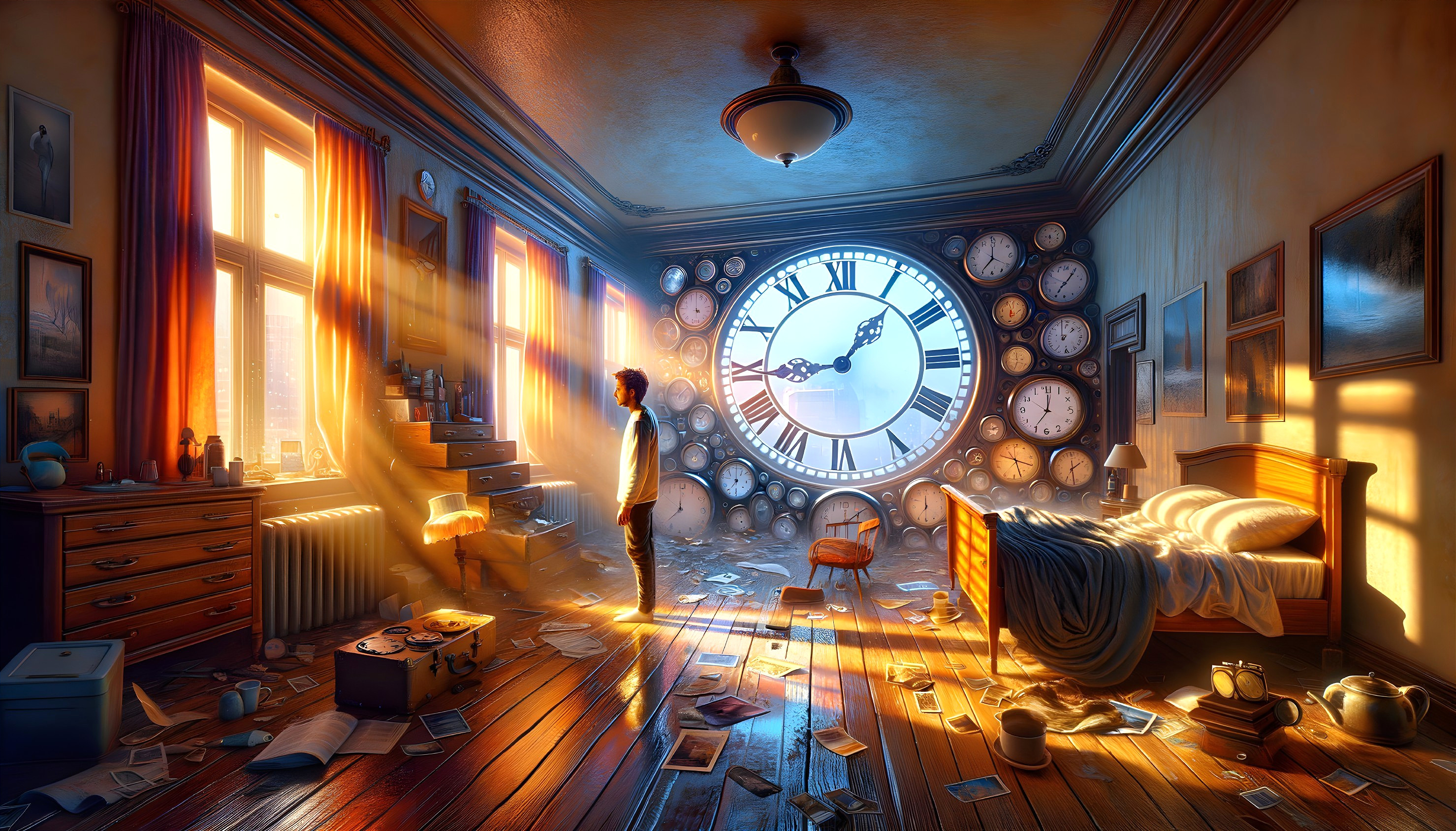 Young man in a warmly lit room with old photographs