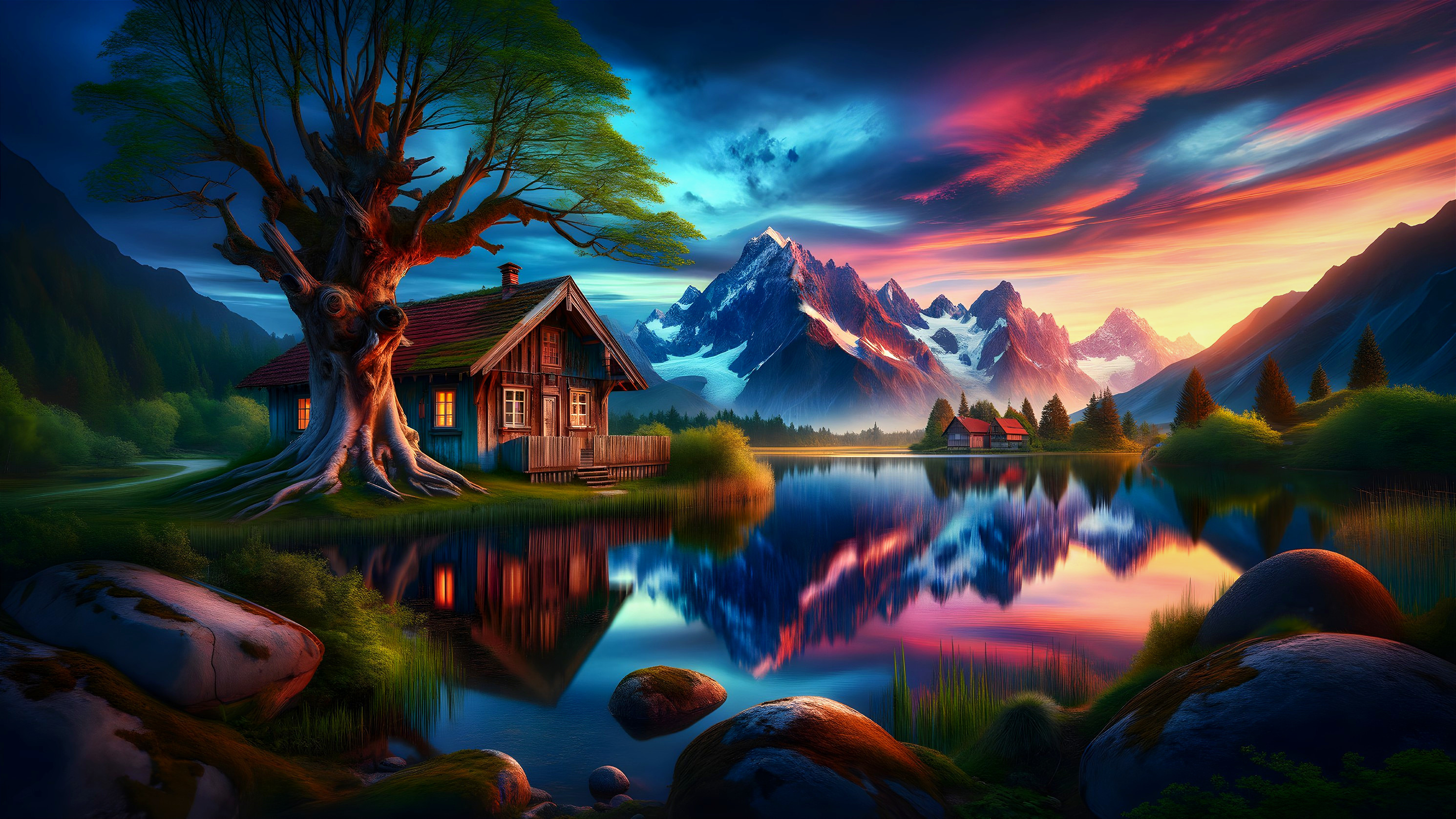 Serene Landscape with Cabin by Tranquil Lake