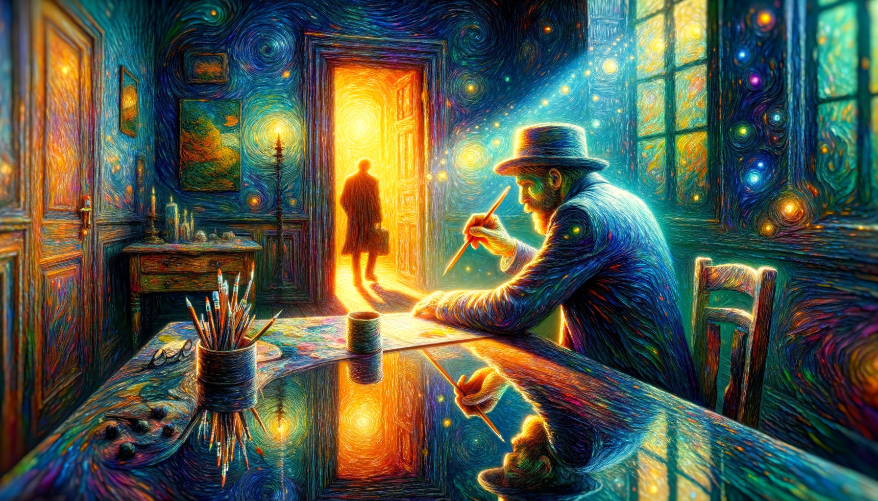 Colorful Impressionist Artwork of Seated Painter with Luminous Figure