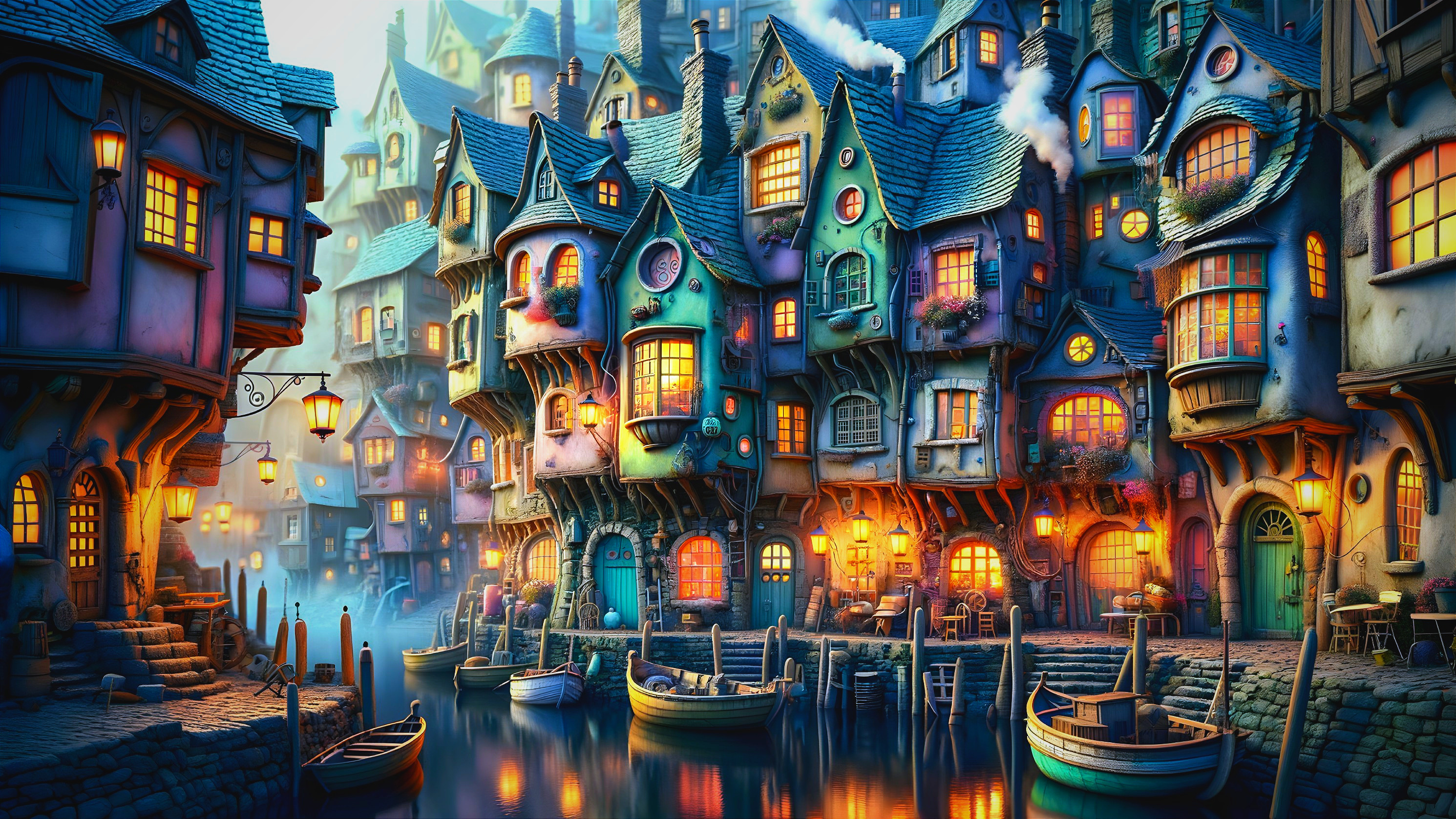Whimsical Waterfront Village at Twilight with Lanterns