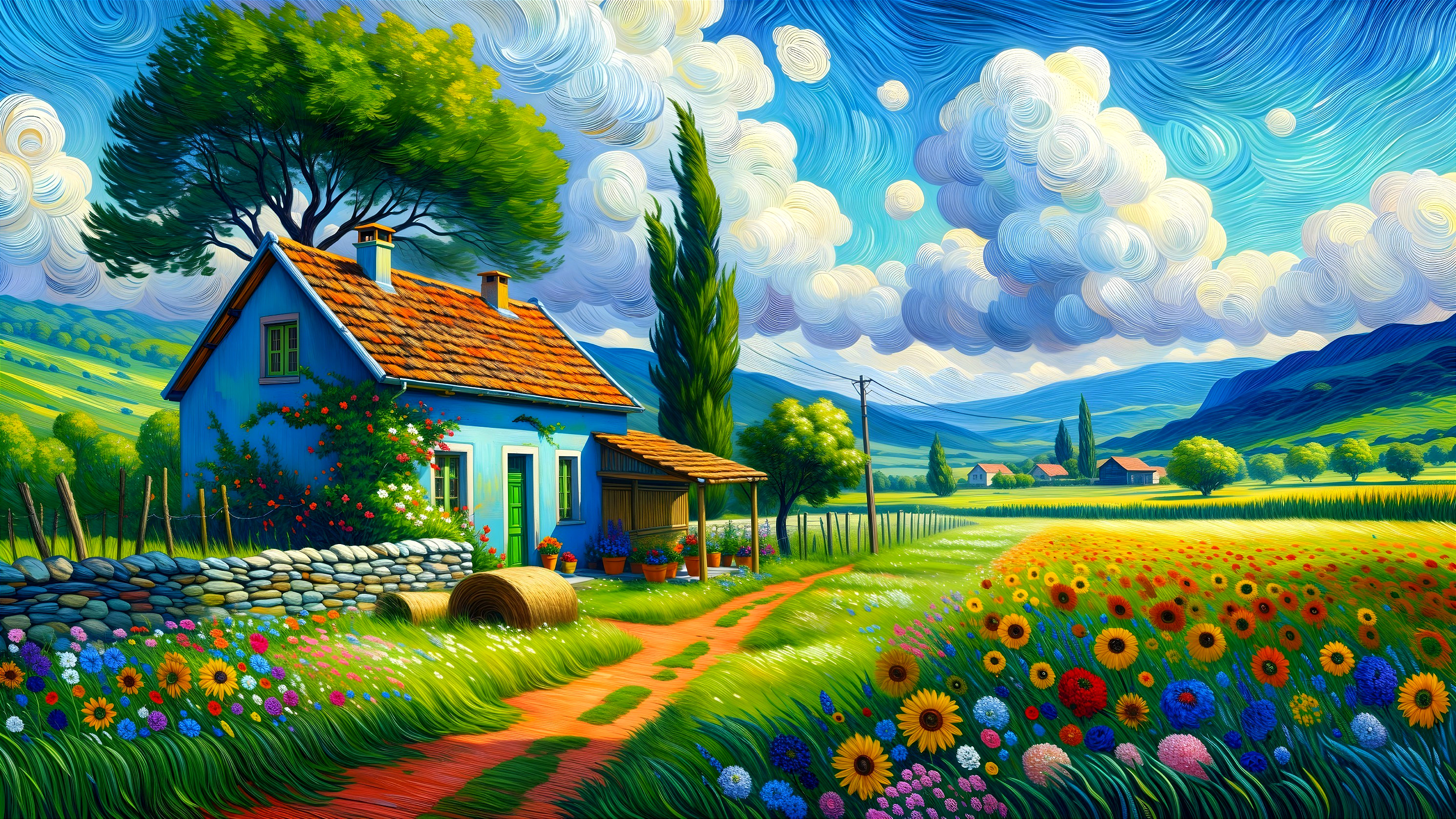 Vibrant Countryside Scene with Blue House and Nature
