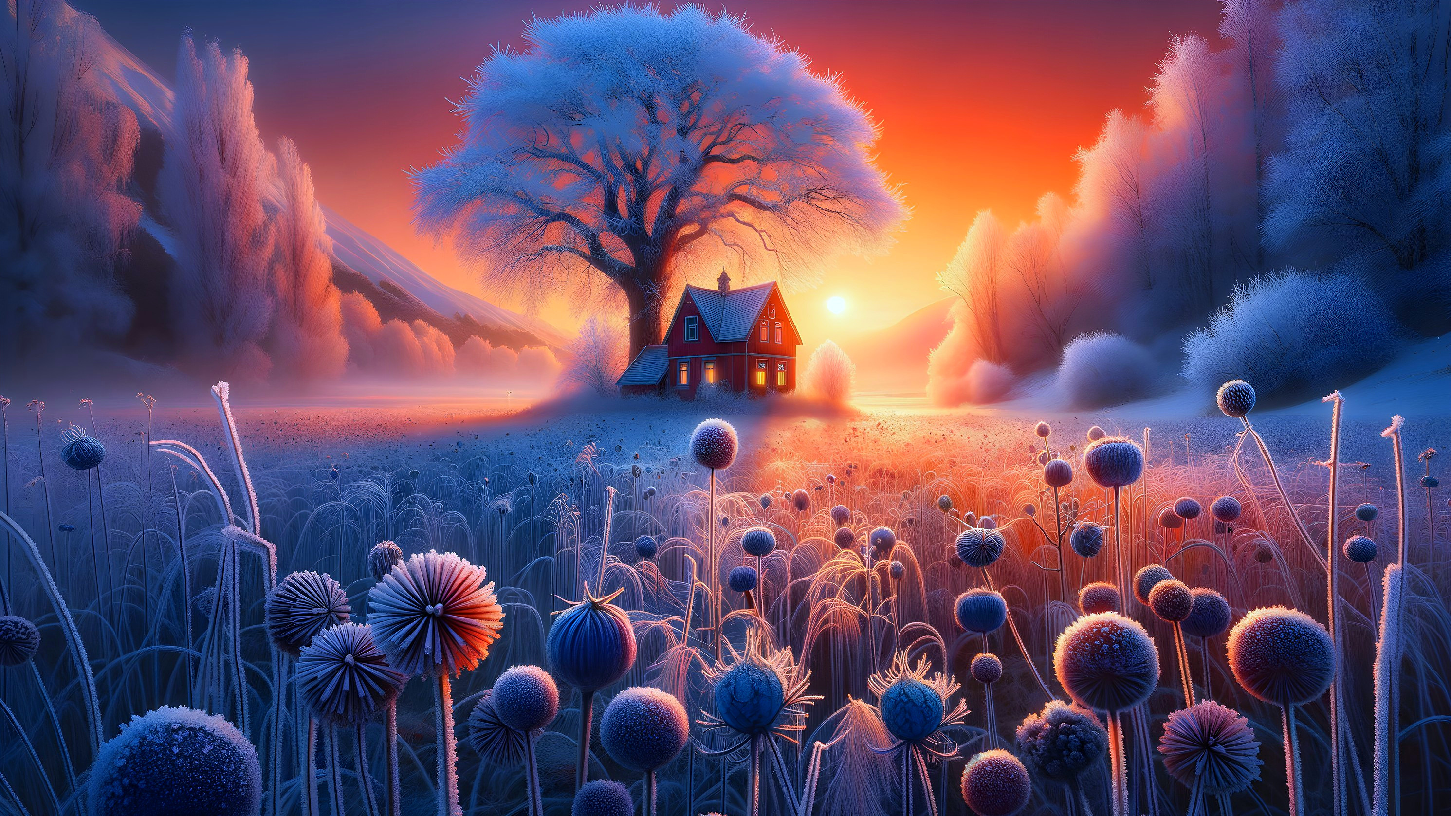Serene winter dawn with cozy house and frost-covered tree