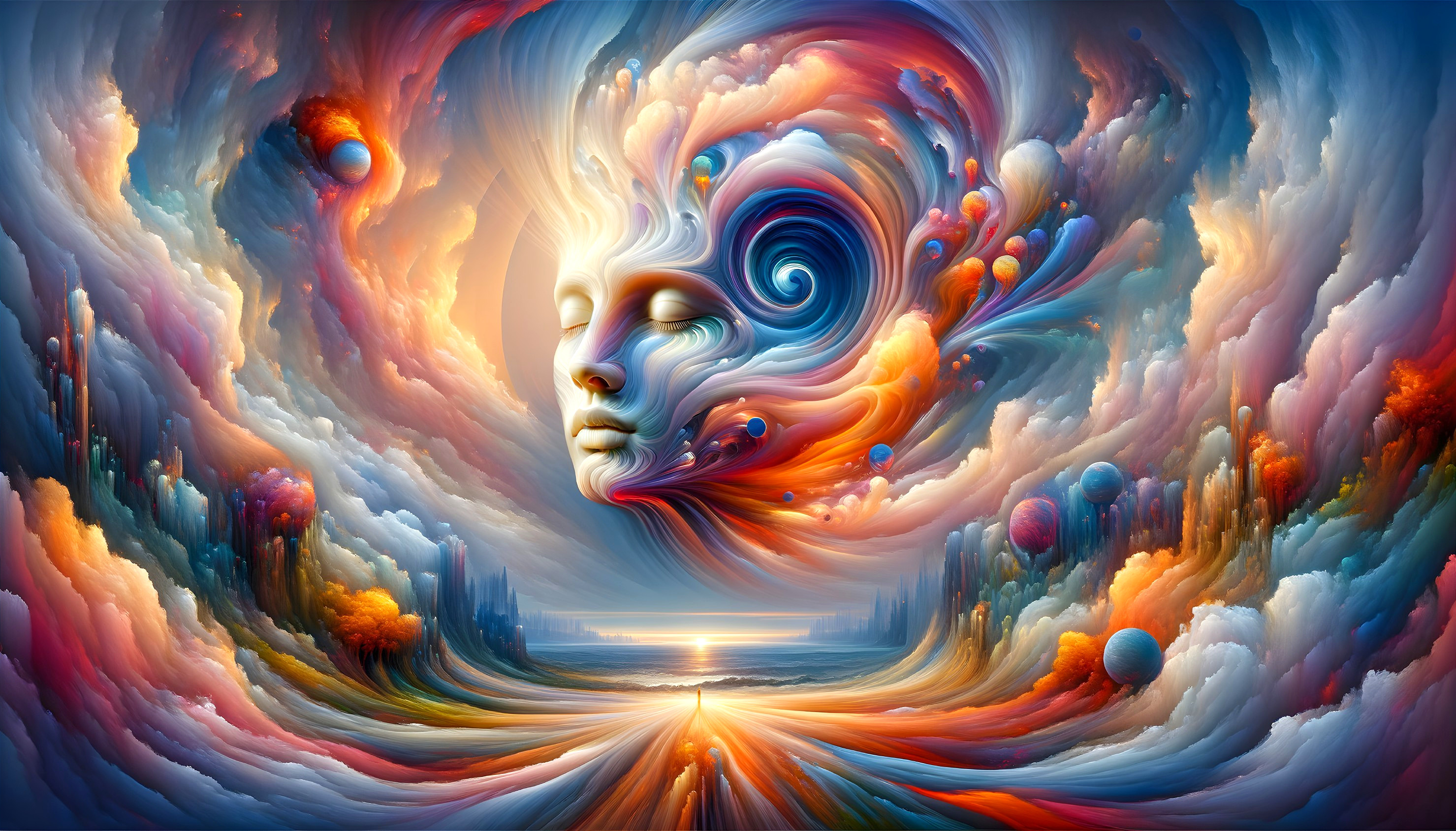 Surreal Landscape with Face in Vibrant Clouds