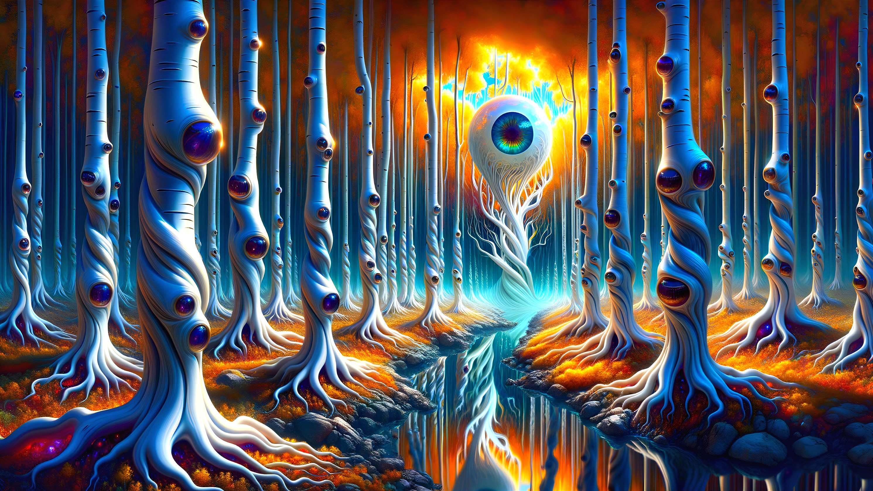 Surreal Forest with White Trees and Vibrant Sky