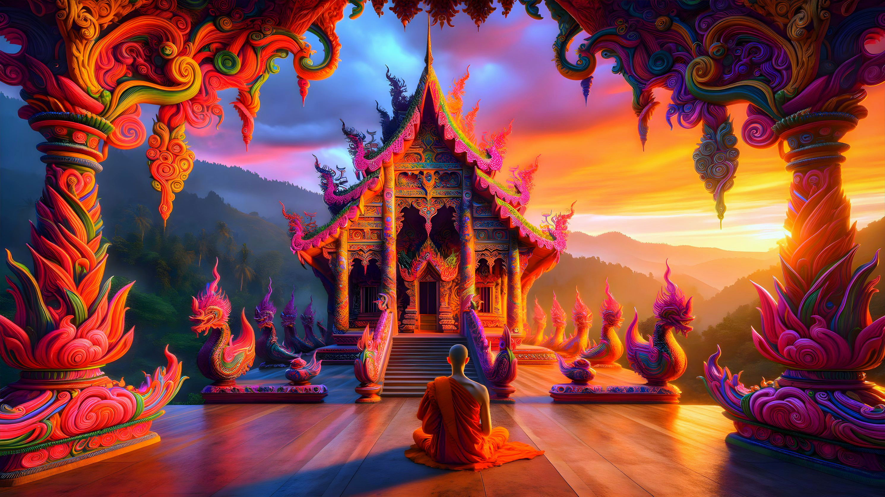 Monk Meditating at Vibrant Temple with Mountain Sunset