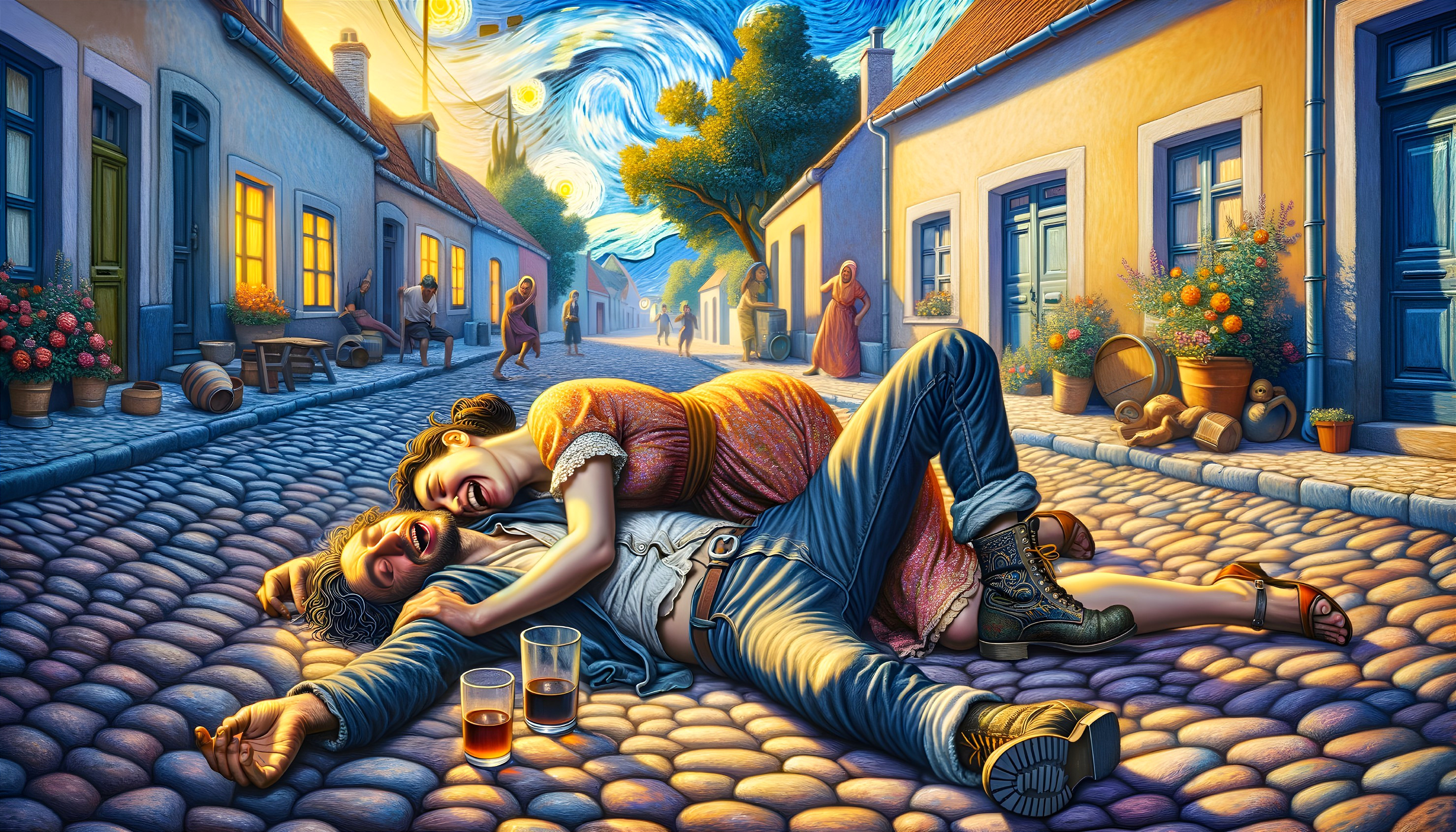 Laughing couple on cobblestone street with swirling skies and drinks