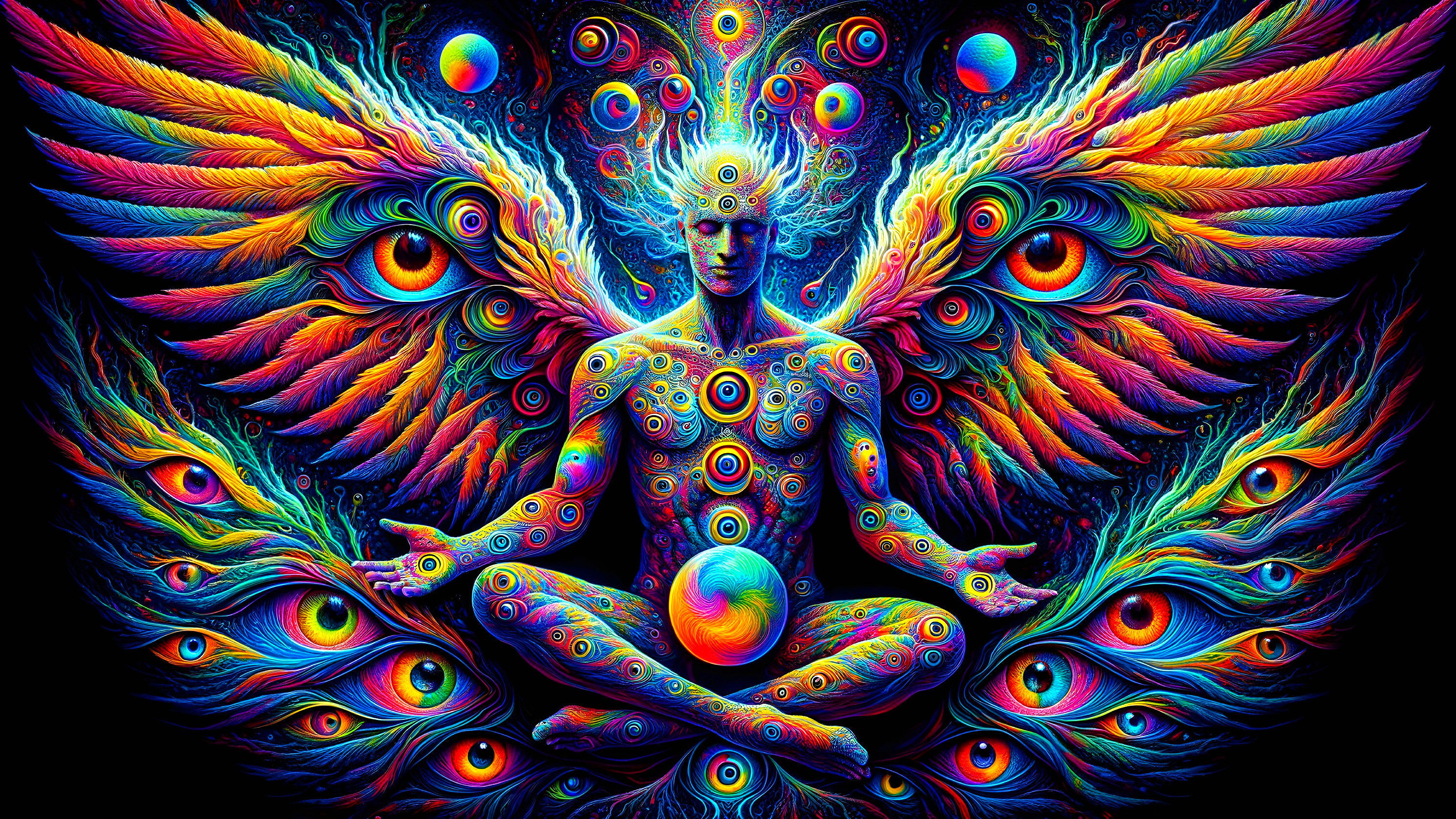 Ethereal Figure in Meditative Pose with Cosmic Background