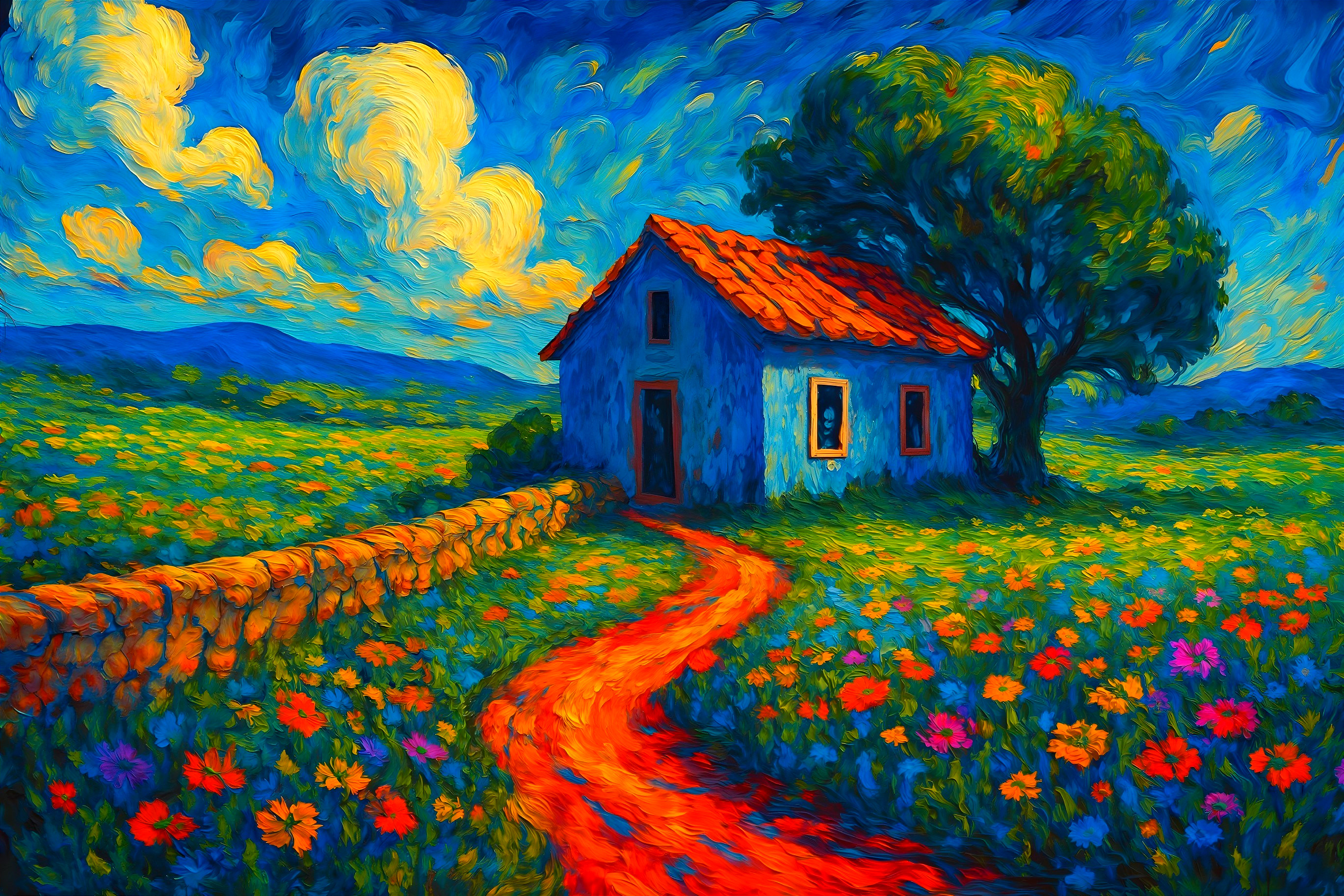 Impressionistic Painting of a Blue House in Nature