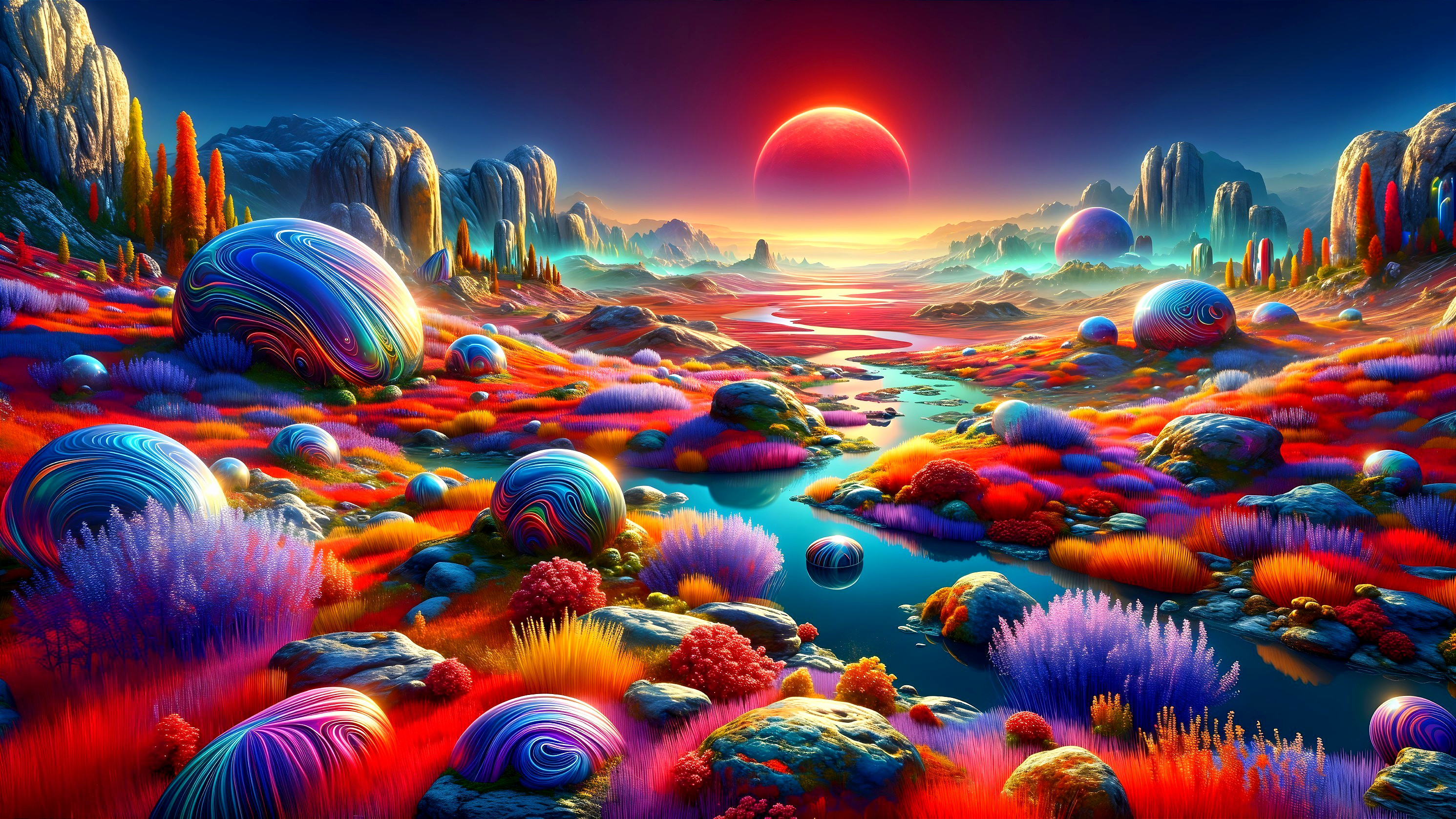 Vibrant Alien Landscape Under Glowing Red Sun