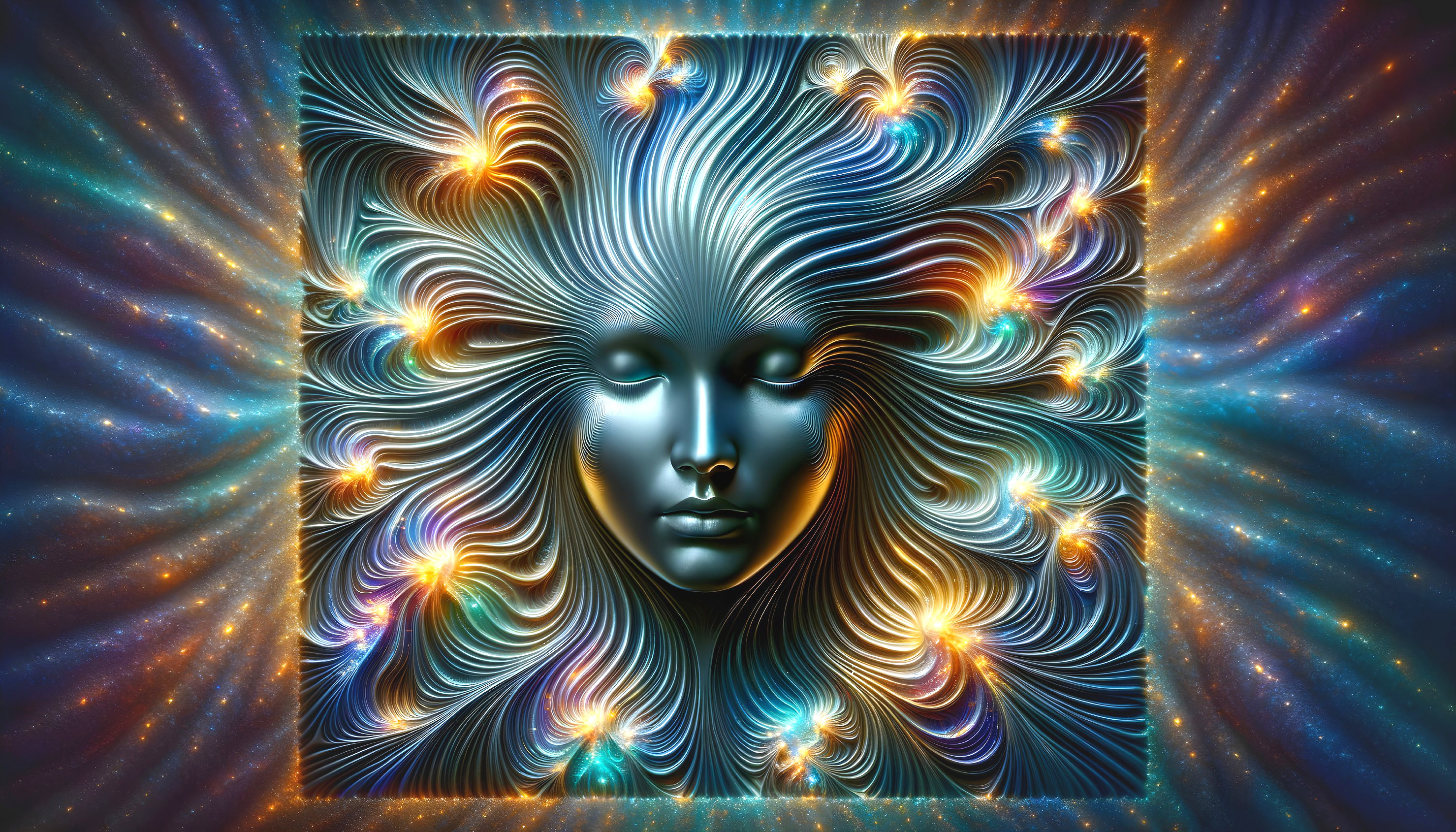 Surreal Abstract Face with Colorful Light Strands
