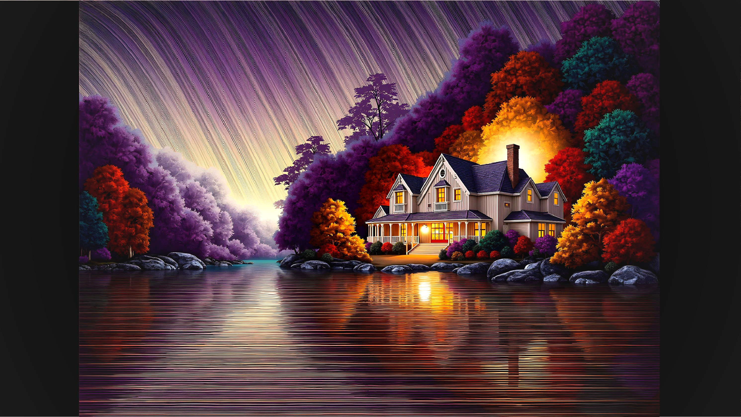 Cozy House by Reflective Lake in Autumn Colors